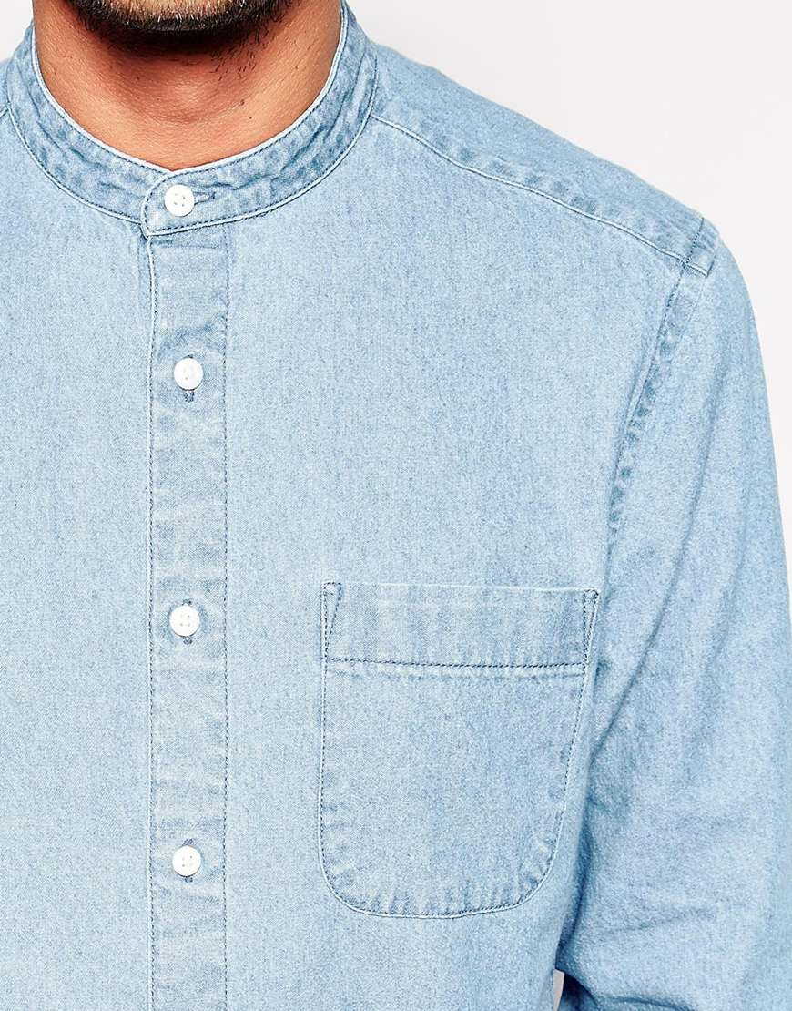 ASOS Denim Shirt In Super Longline With Mid Wash And Grandad Collar in Blue  for Men - Lyst