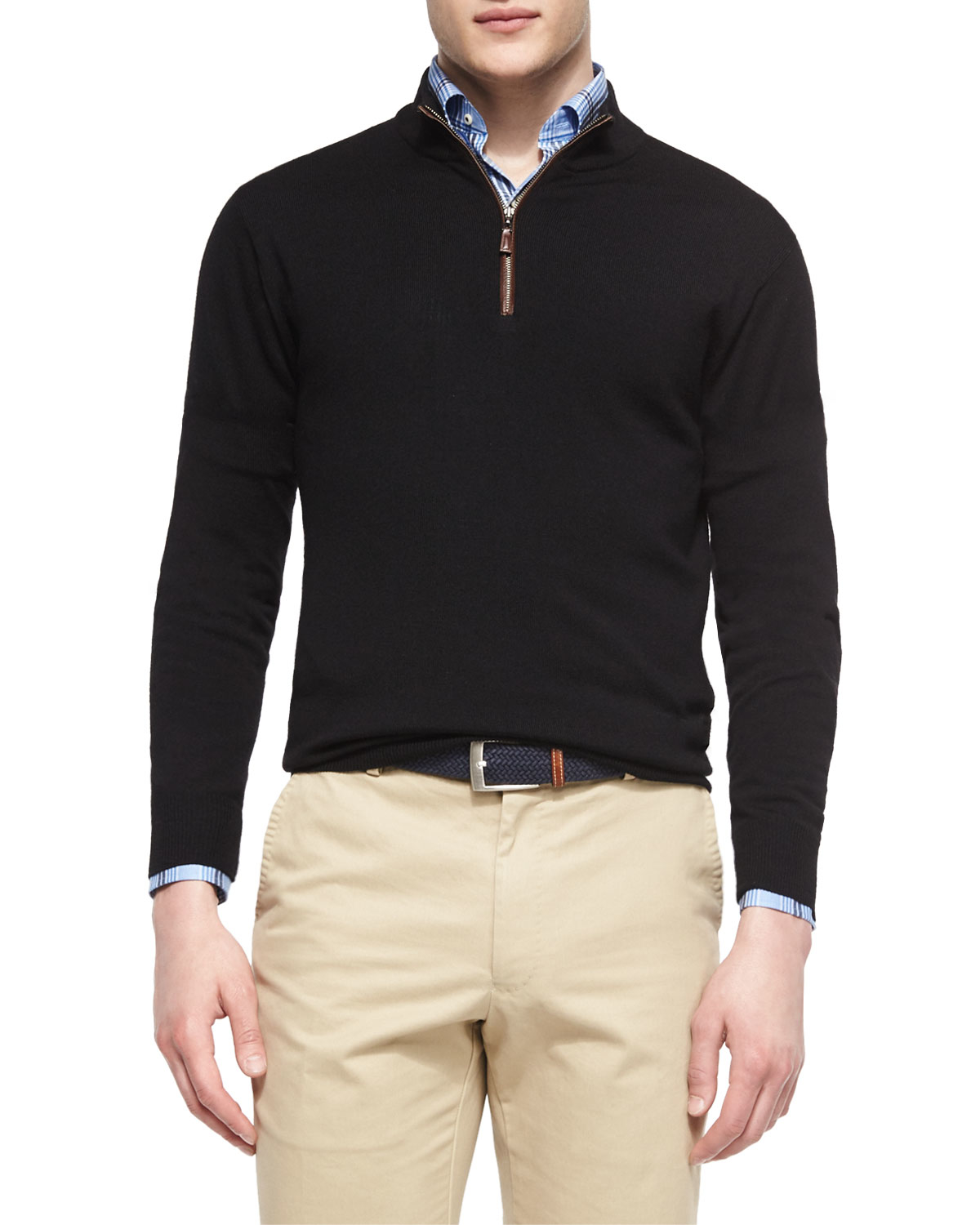 Peter millar Leather-trimmed Quarter-zip Pullover in Black for Men | Lyst