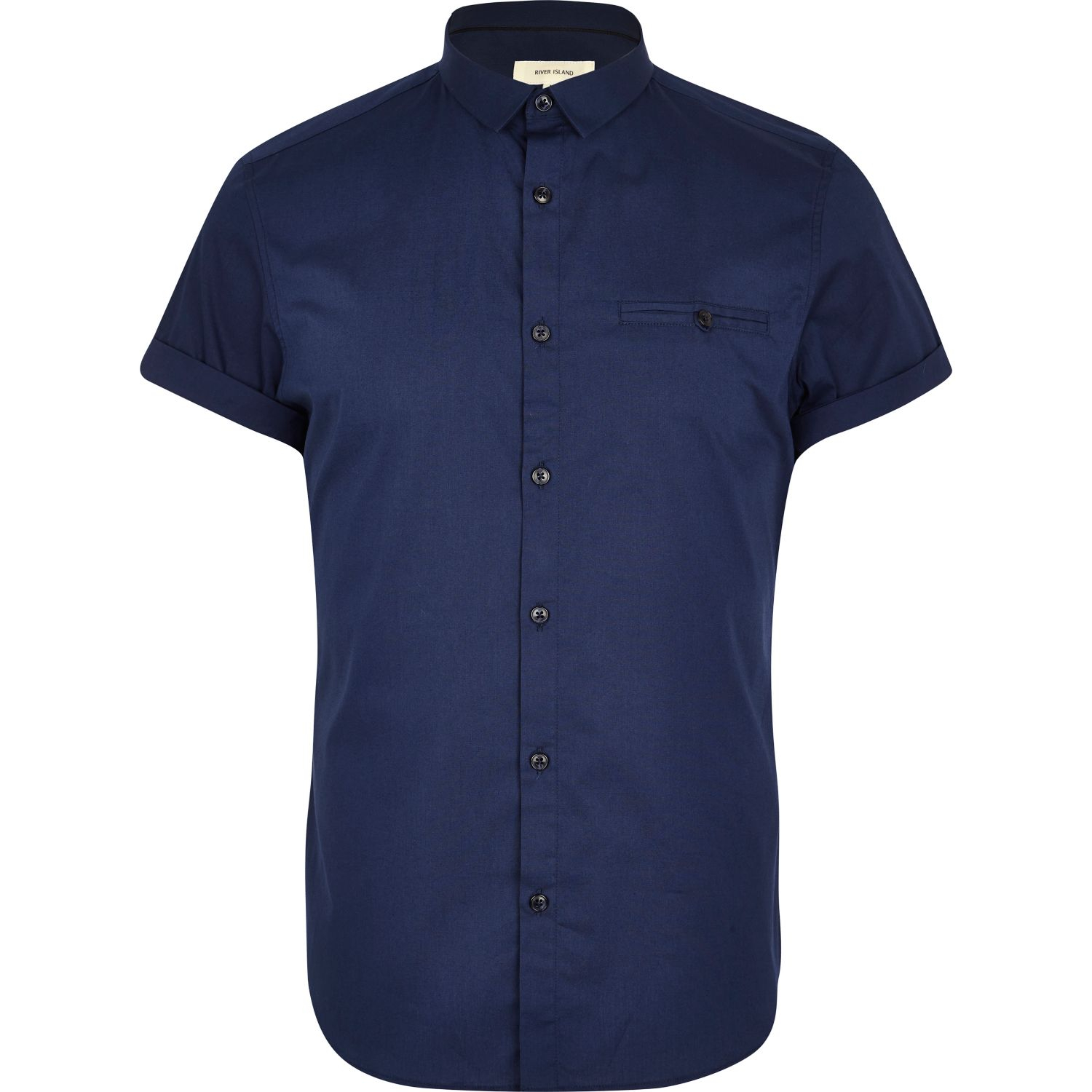 River Island Navy Blue Short Sleeve Stretch-Cotton Shirt for Men - Lyst
