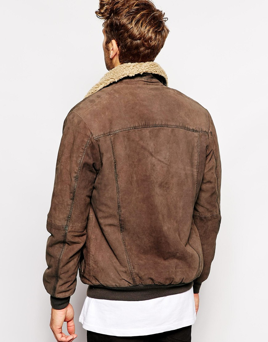 Wrangler Leather Bomber Jacket Sherpa Collar in Brown for Men | Lyst