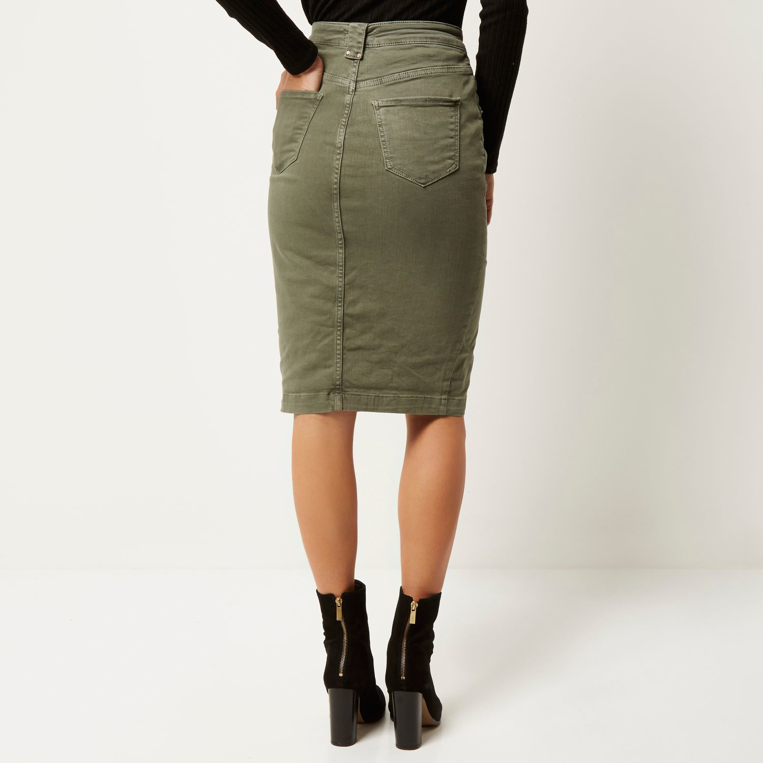 River Island Khaki Denim Pencil Skirt in Natural - Lyst