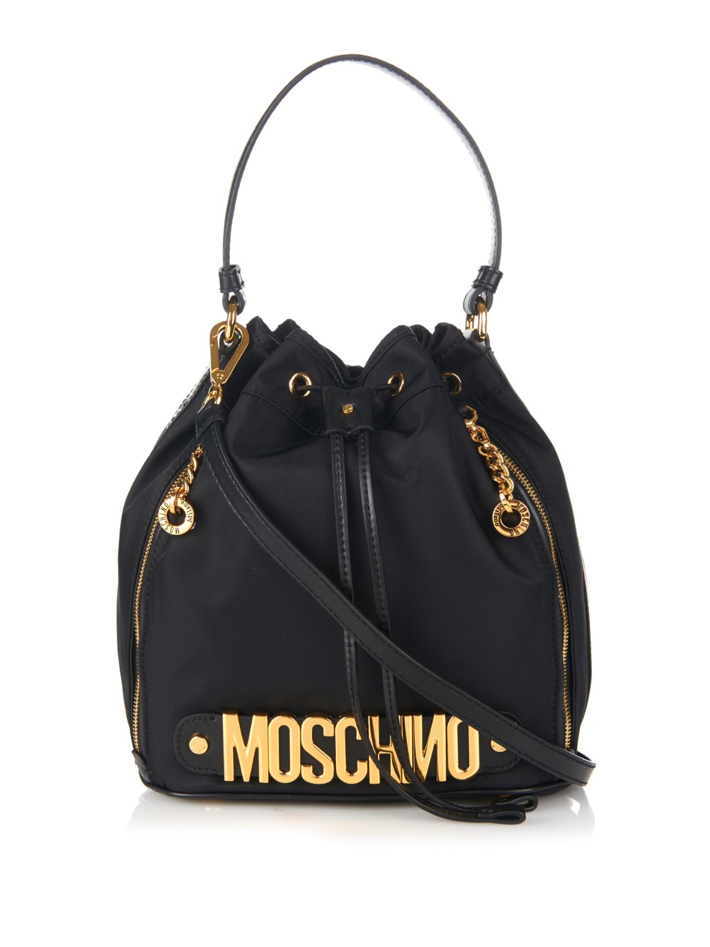 Moschino Lettering Leather And Nylon Bucket Bag in Black - Lyst