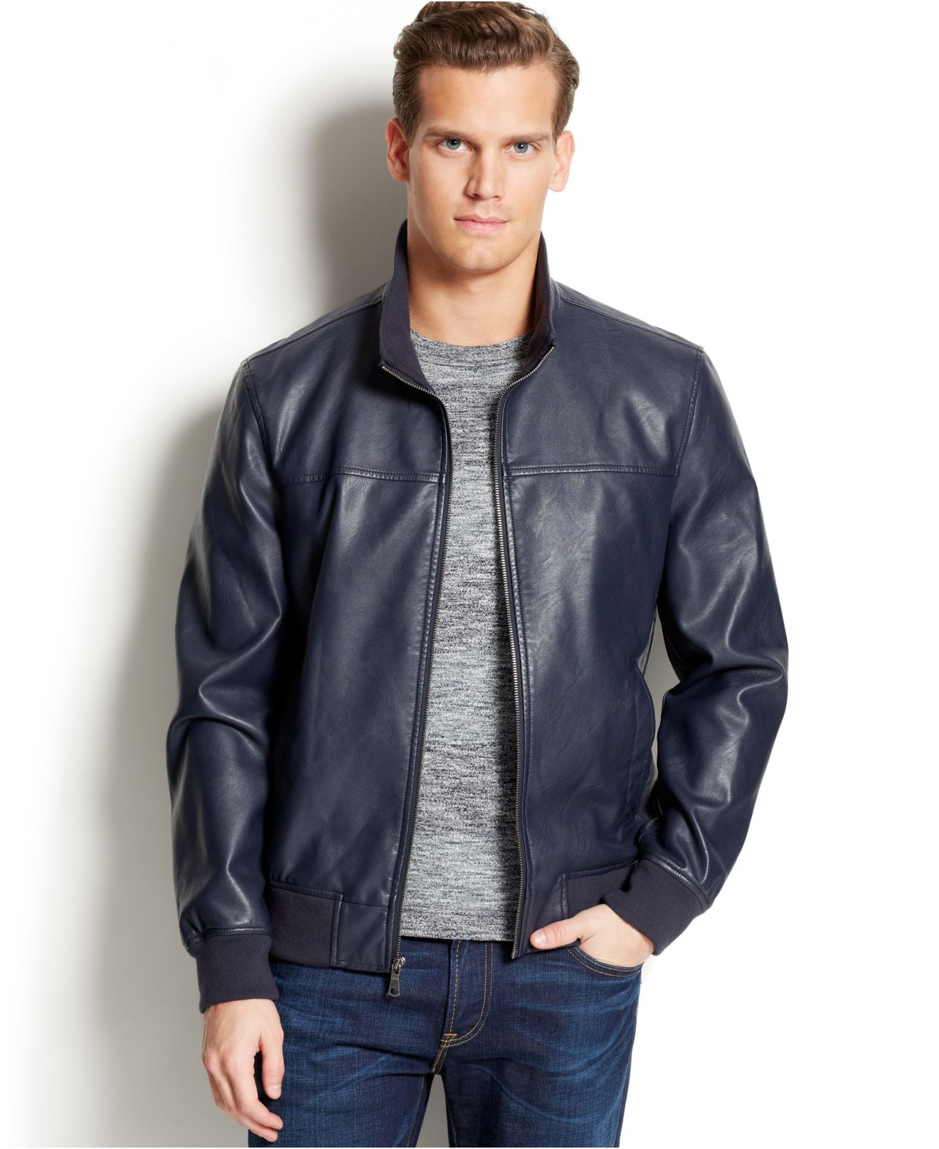 Tommy Hilfiger Faux Leather Bomber Jacket in Navy (Blue) for Men - Lyst
