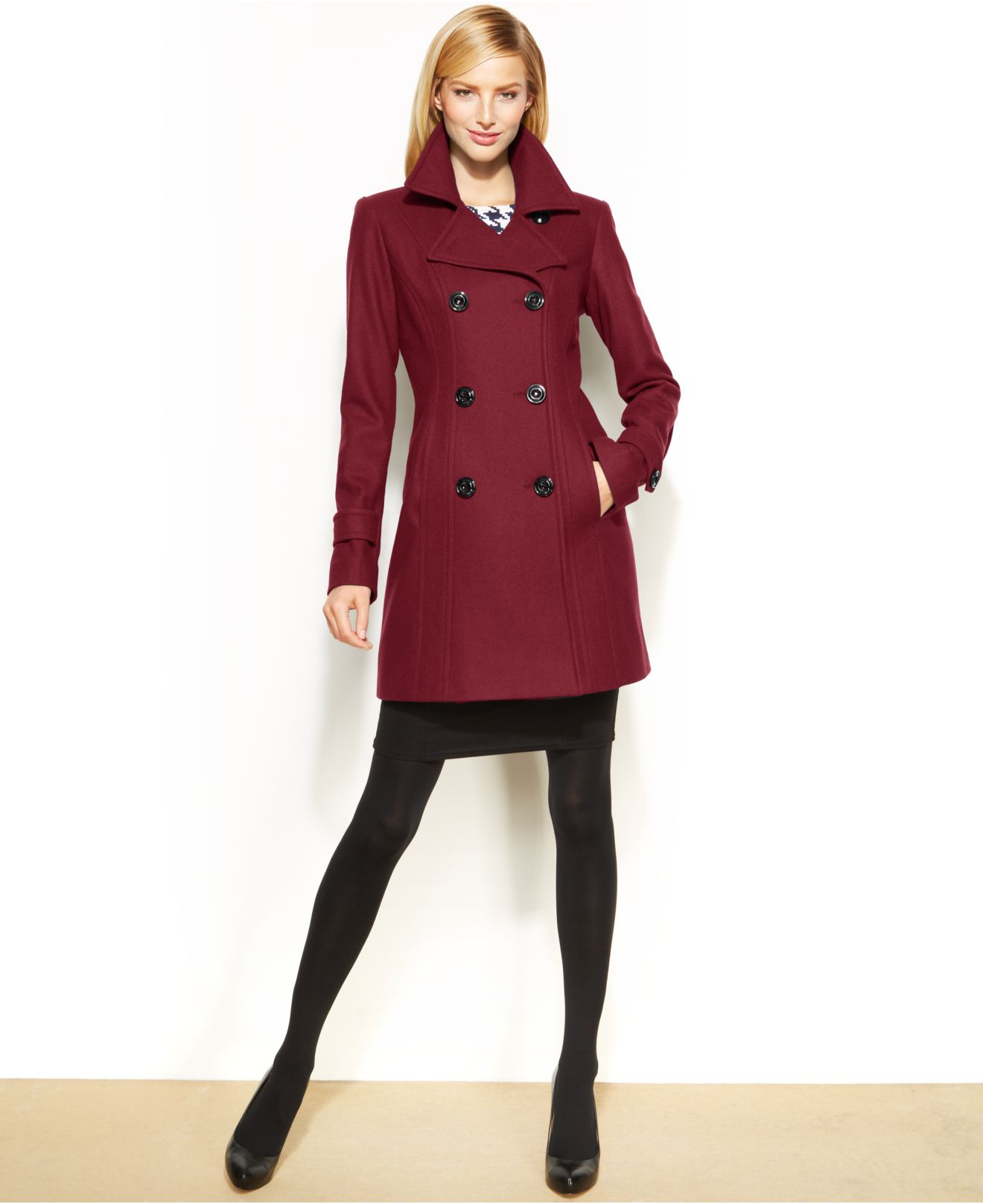Anne klein Petite Wool-Blend Double-Breasted Pea Coat in Red | Lyst