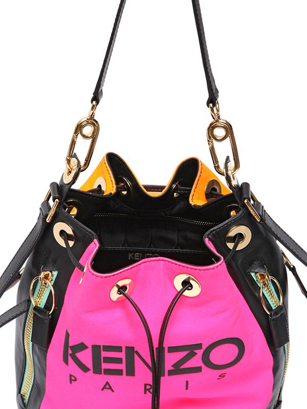 KENZO Two Tone Canvas & Leather Bucket Bag in Fuchsia/Orange 