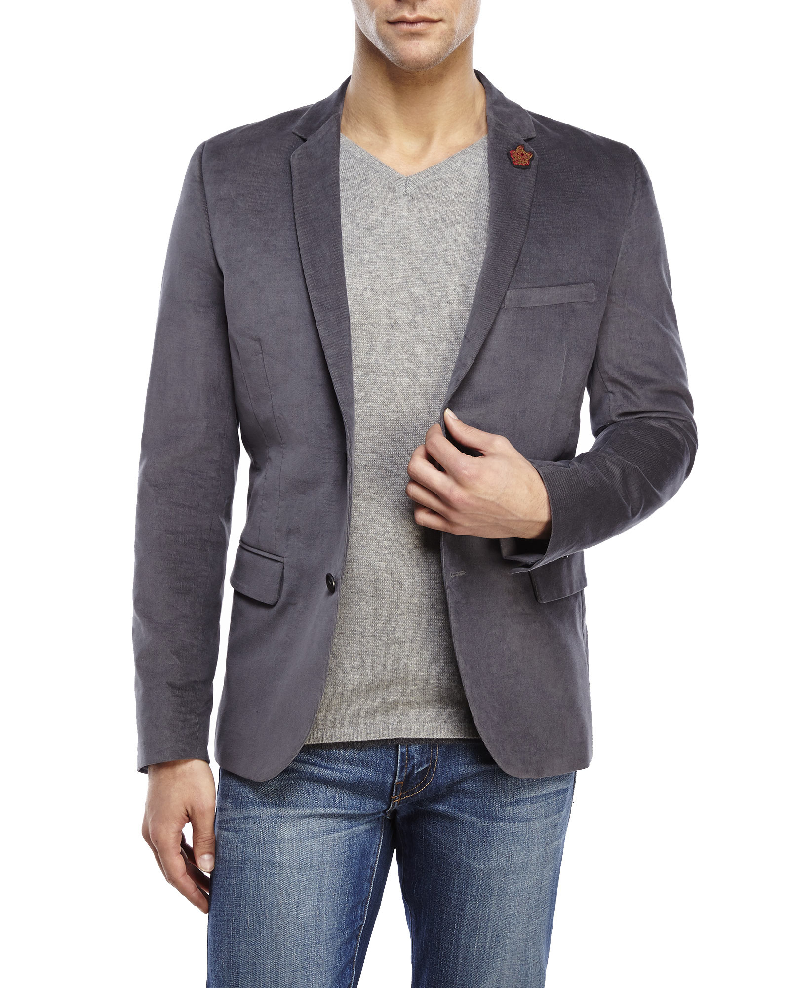 Shop by category This handsome corduroy sport coat from Adolfo features a stylish notched collar and two-button front. Fully lined, this coat is finished with a single vent for comfort and mobility. Color options: Grey.