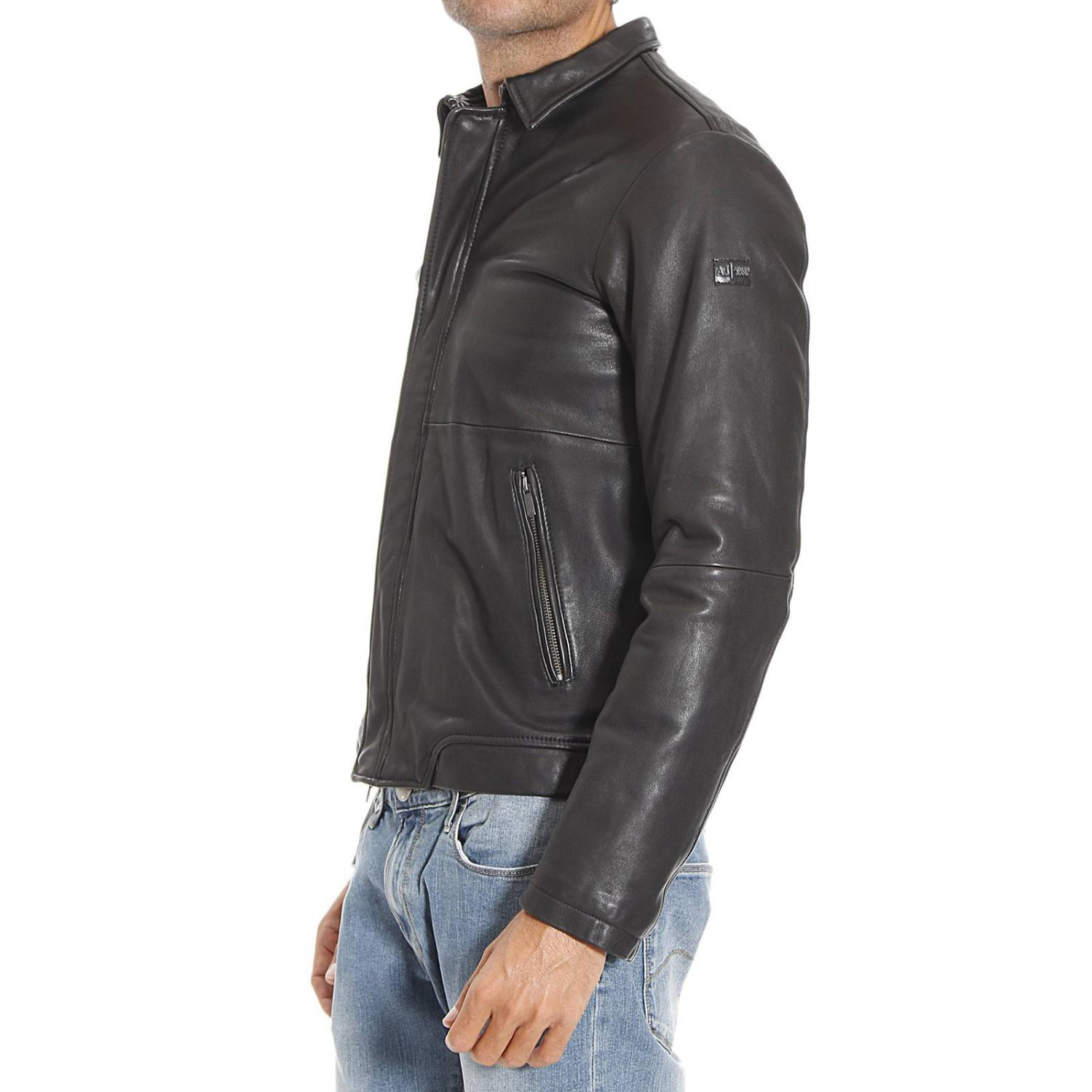 Armani Jeans Spread-Collar Leather Biker Jacket in Black for Men - Lyst
