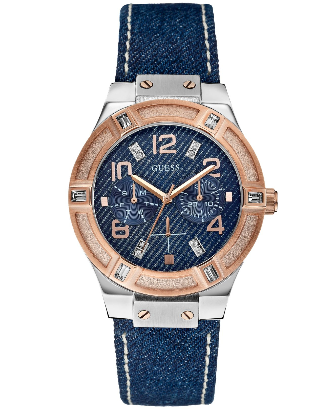 Guess Women S Blue Denim Leather Strap Watch 39mm U0289l1 Lyst