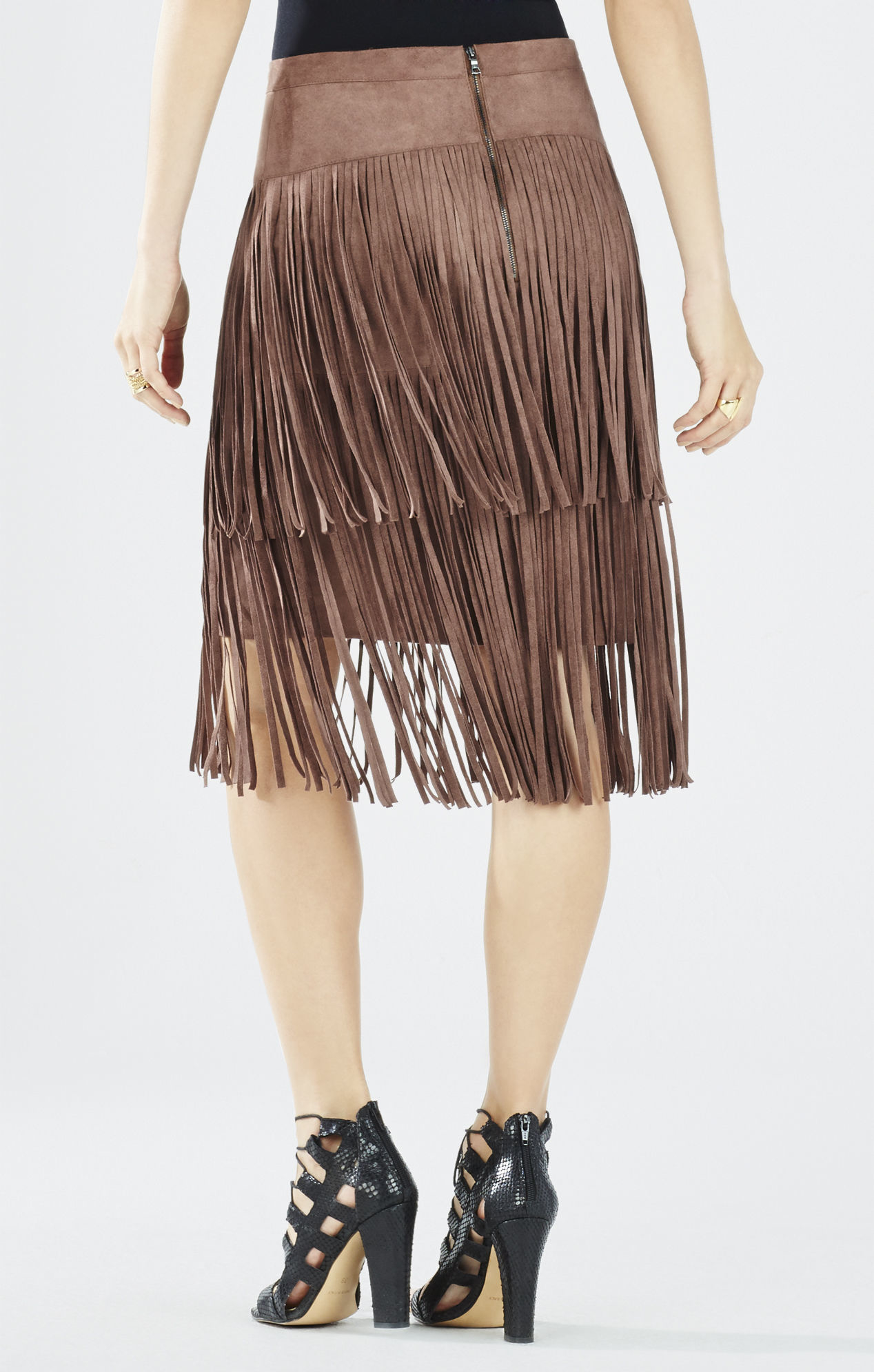 BCBGMAXAZRIA Rashell Fauxsuede Fringe Pencil Skirt in Toffee (Brown