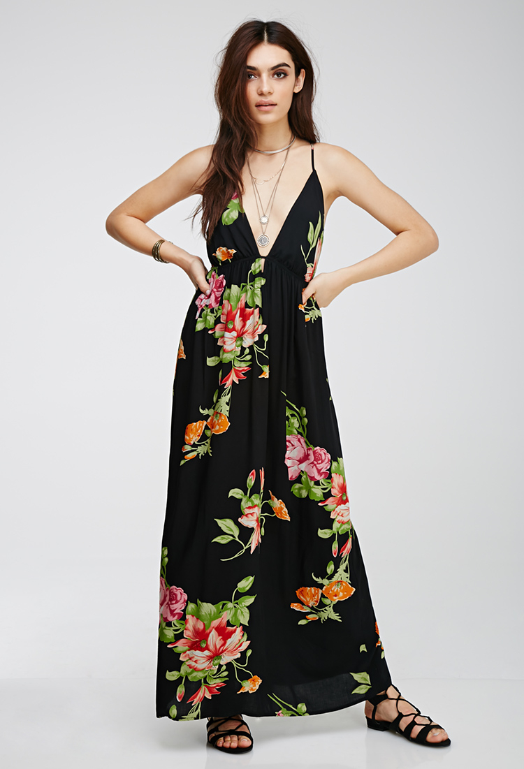 Forever 21 Floral Crossback Cami Maxi Dress in Black | Lyst