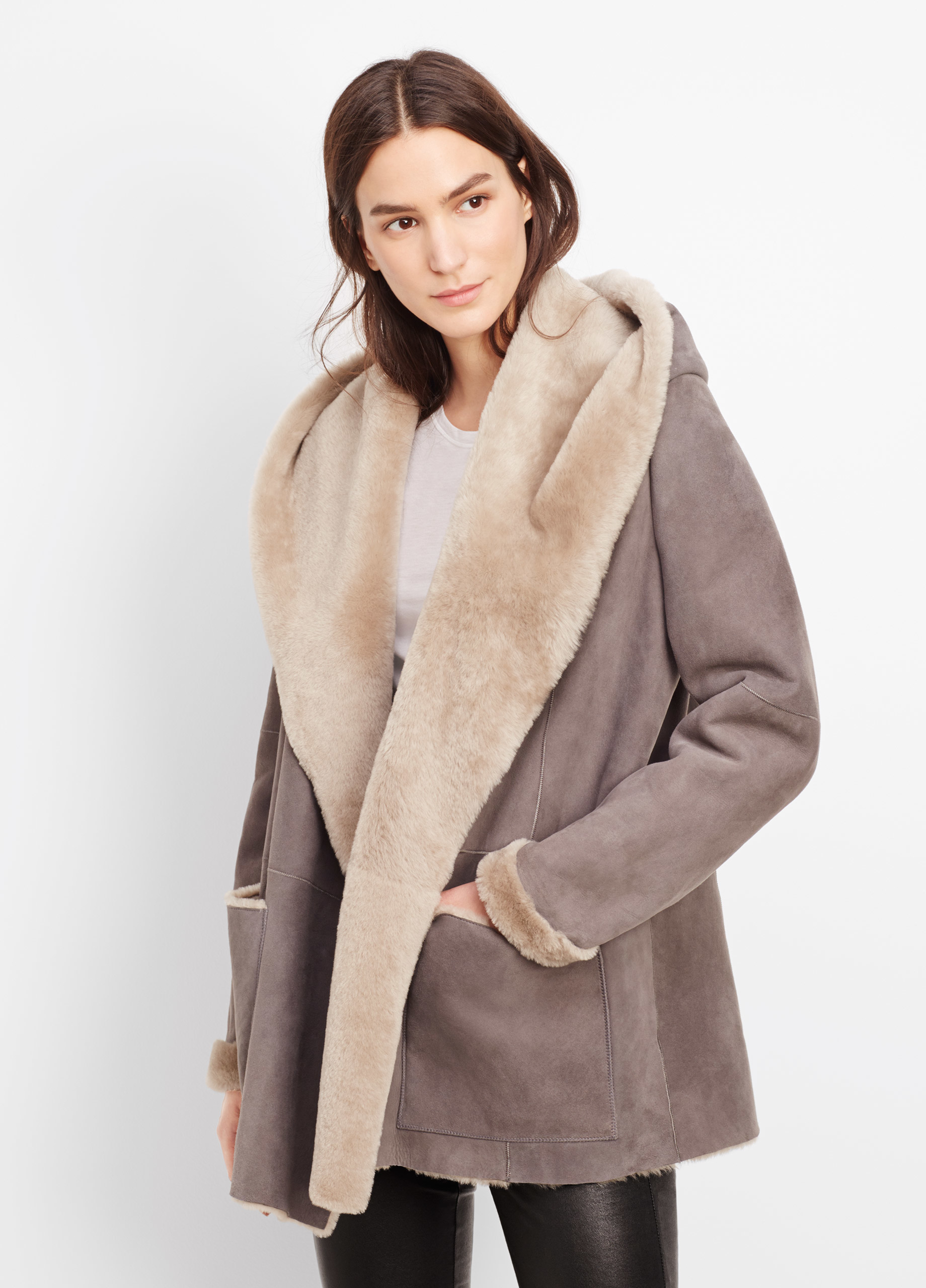 Vince Shearling Drape Coat With Hood In Grey Gray Lyst