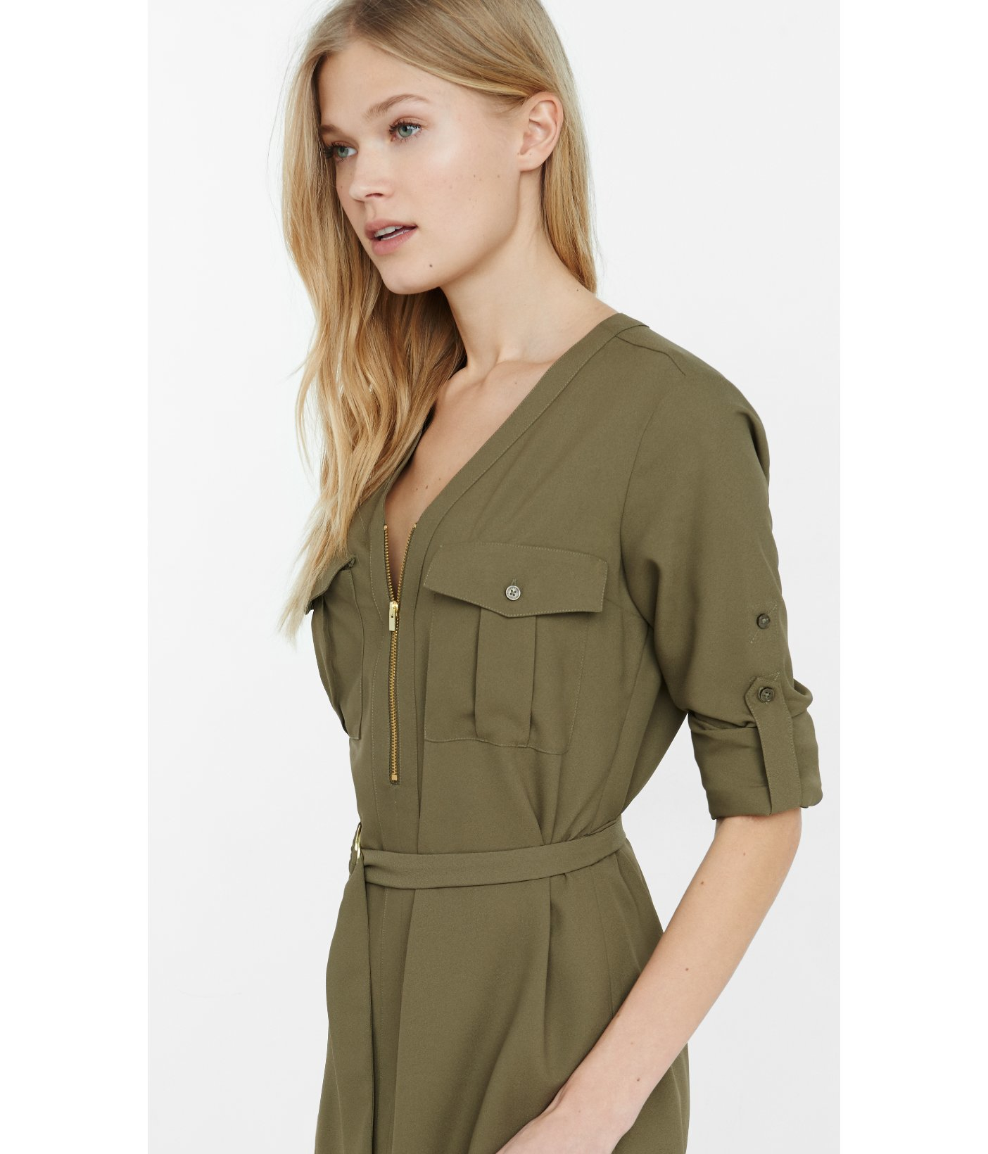 Synthetic Zipper Front Shirt Dress 