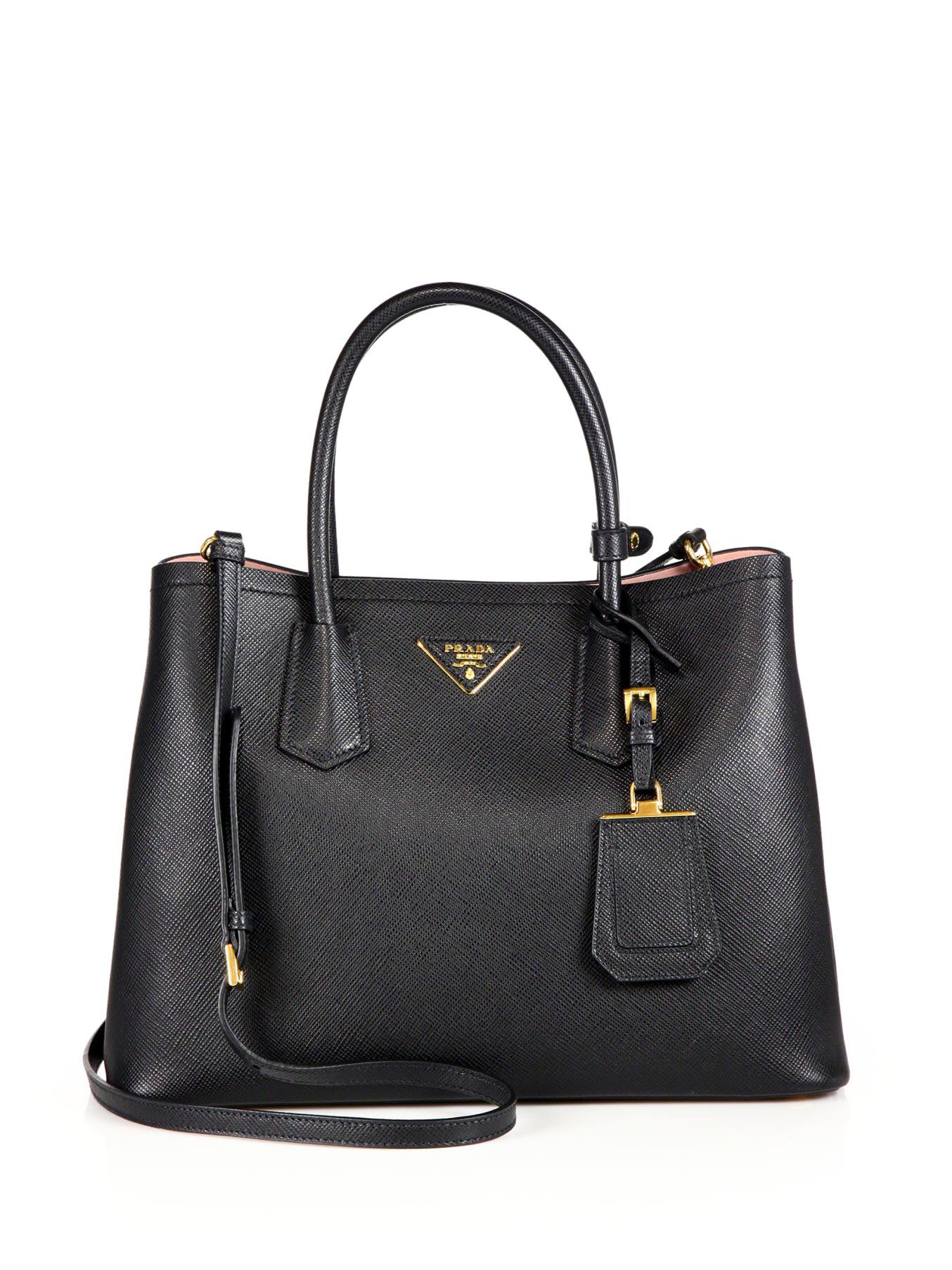 prada medium saffiano leather bag in black black pink lyst prada medium saffiano leather bag in black black pink lyst