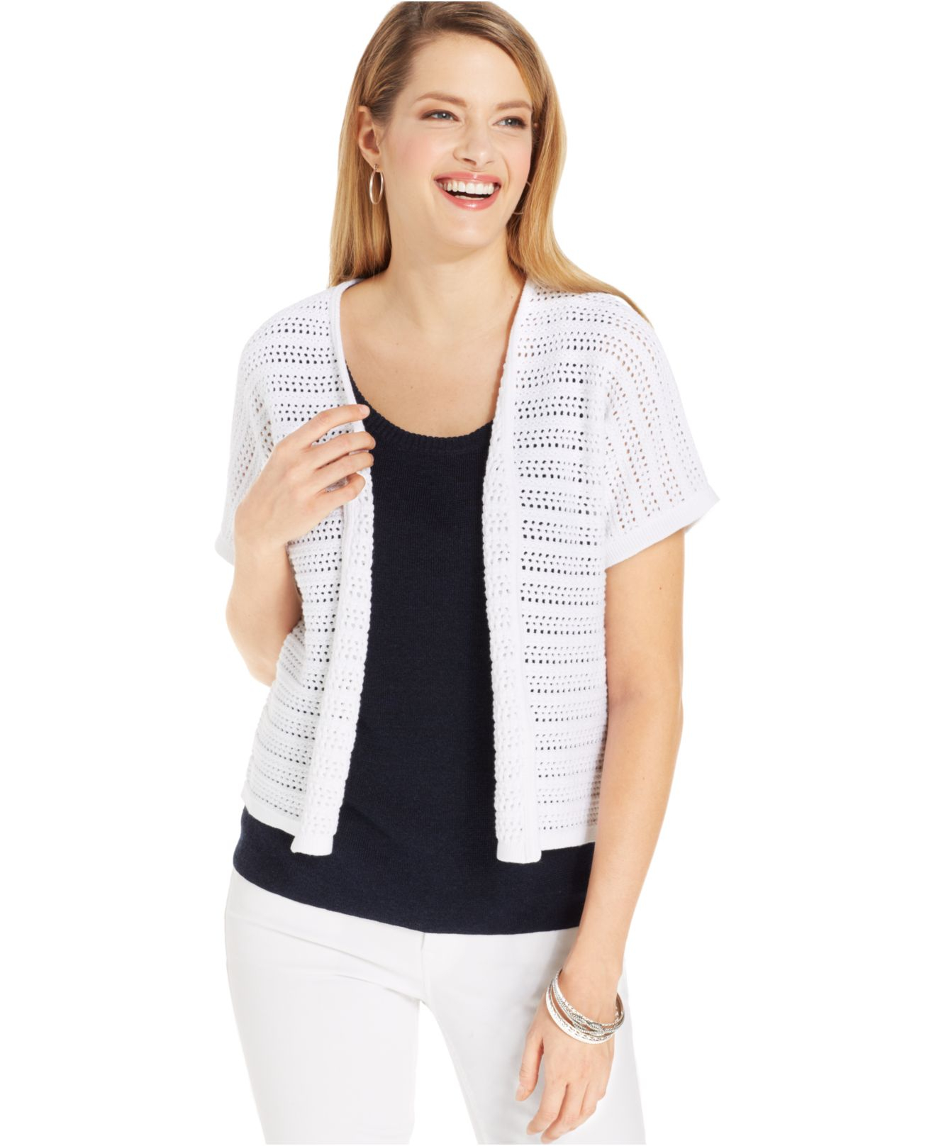 Jones New York Collection Open-Knit Short-Sleeve Cardigan in White | Lyst