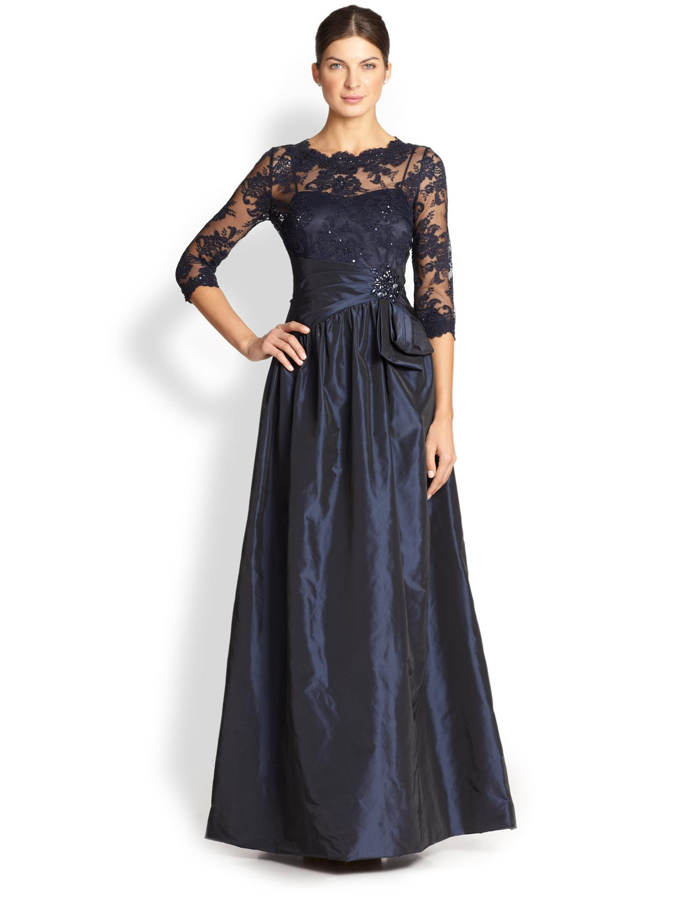 Teri Jon Lace Embroidered Illusion Gown in Navy (Blue) - Lyst