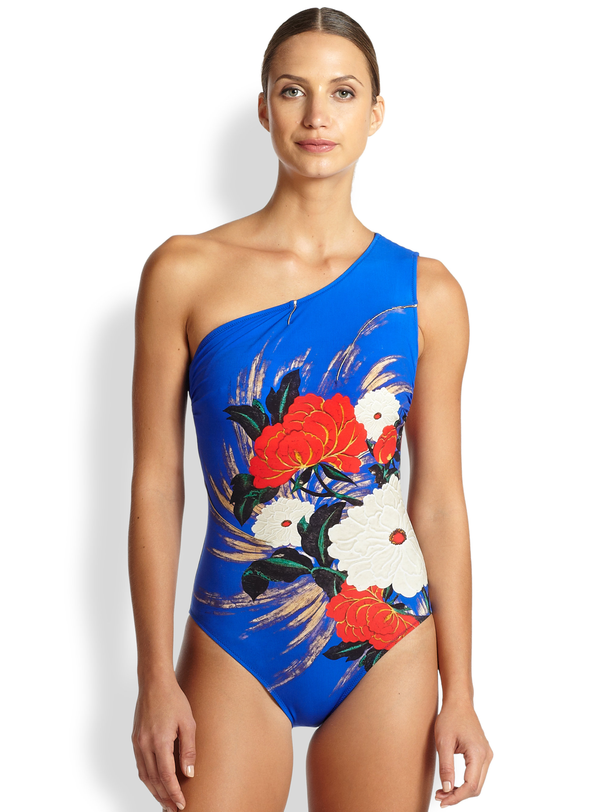Gottex One-shoulder Floral Print Swimsuit in Blue | Lyst