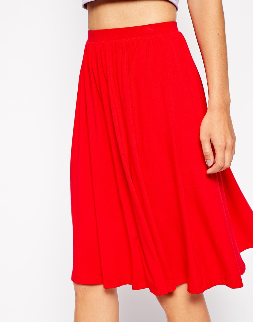red midi skater skirt