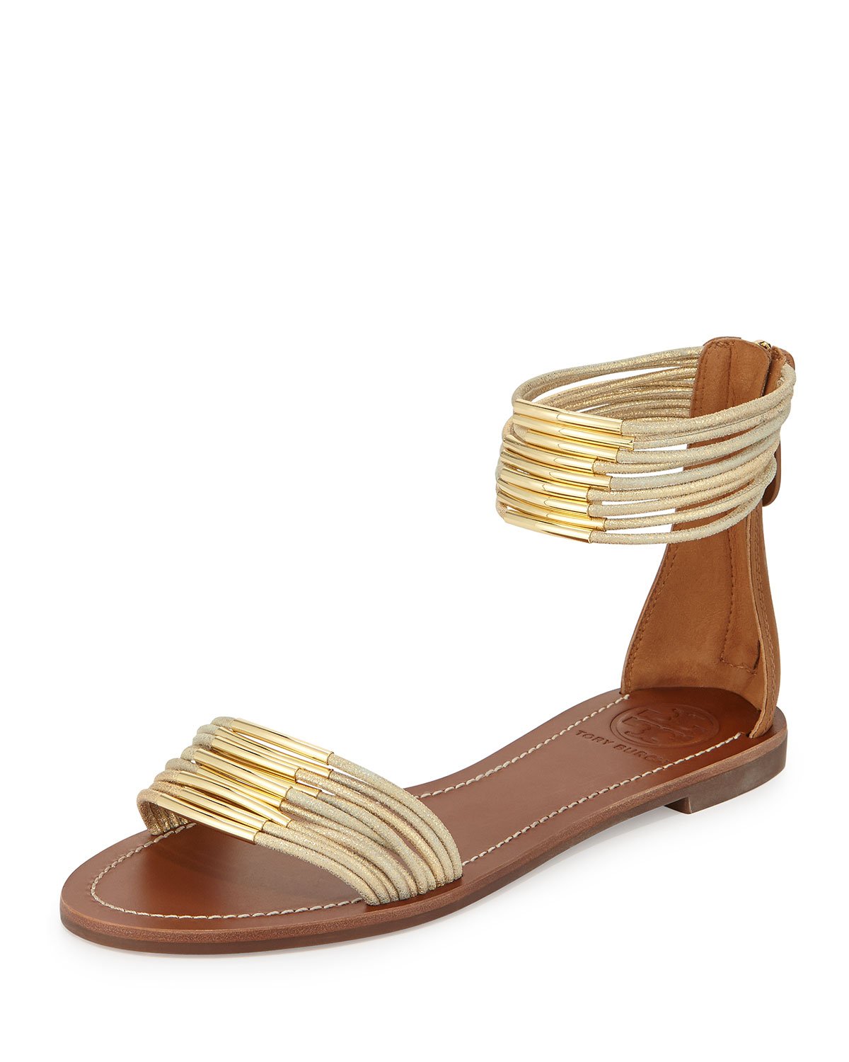 Tory Burch Mignon Rings Strappy Flat Ankle-Wrap Sandal in Gold | Lyst