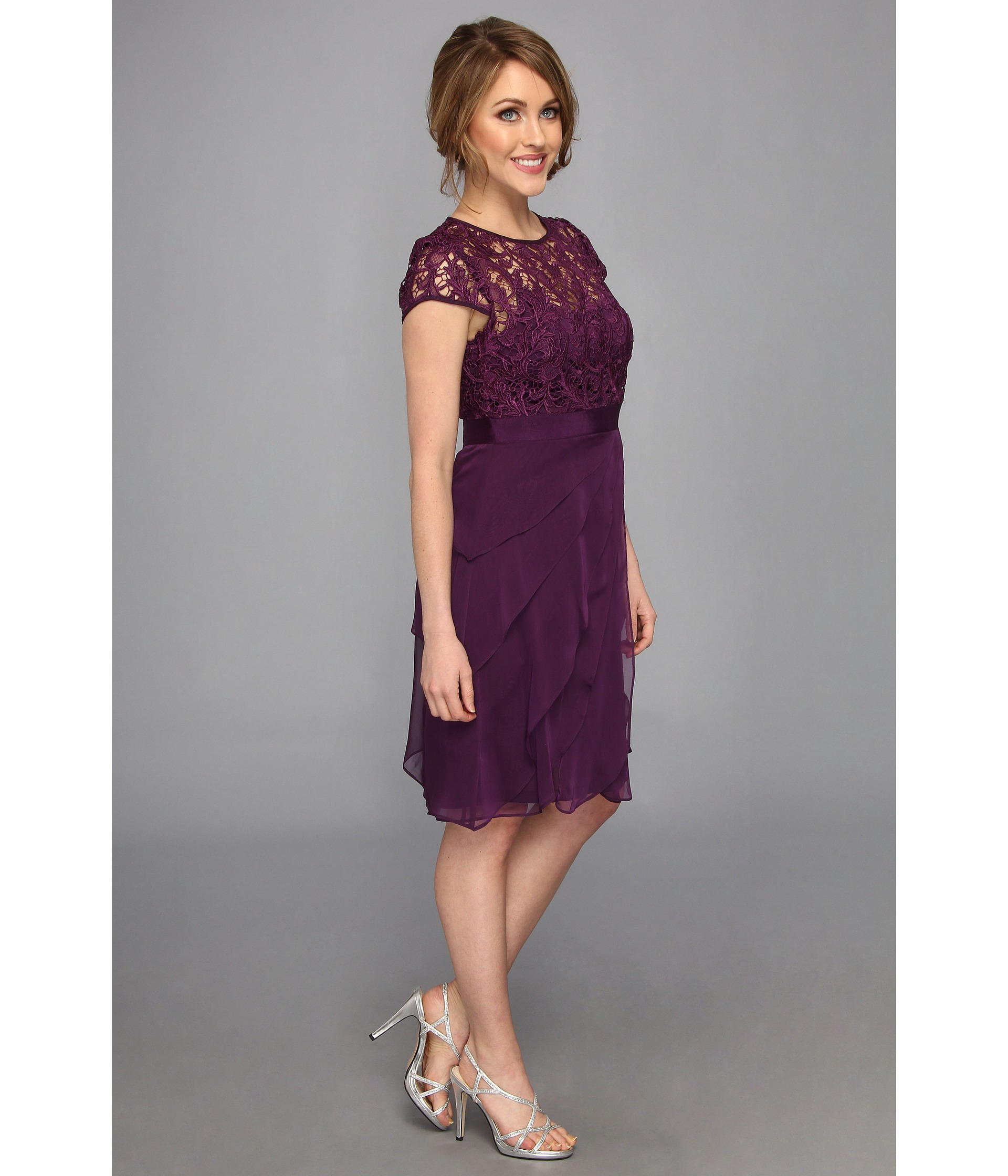 Adrianna Papell Lace Bodice Flutter Skirt Short Dress in Purple - Lyst