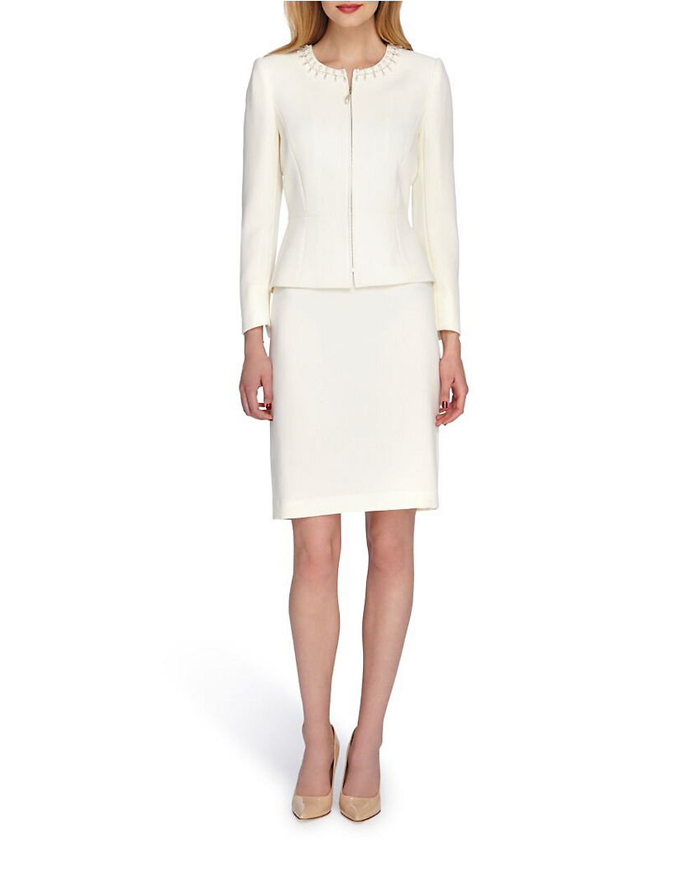 Tahari Petite Pearly Collar Peplum-waist Skirt Suit in White | Lyst