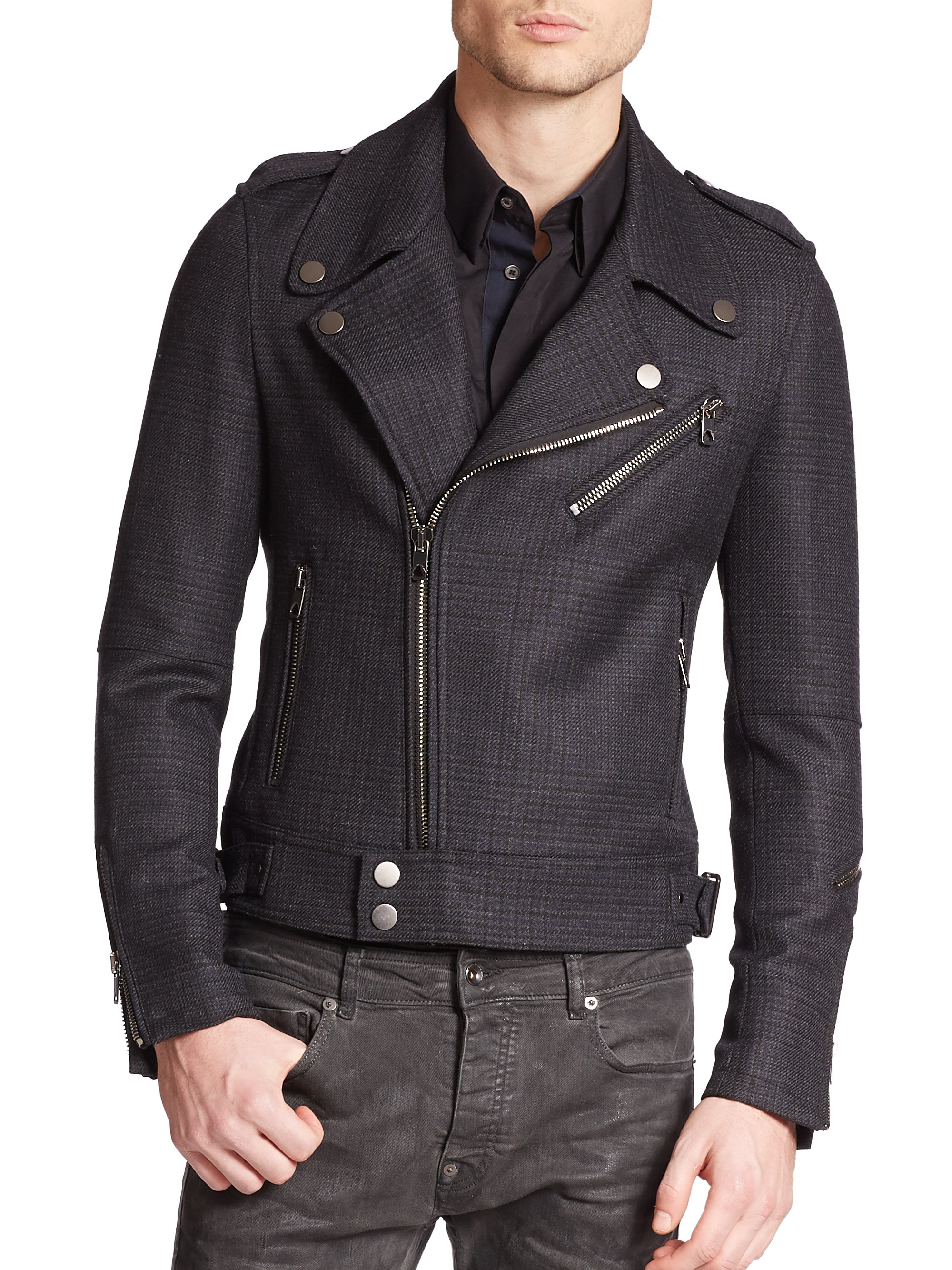 Lyst Sel Black Gold Glen Plaid Wool Biker Jacket In Blue For Men Gallery