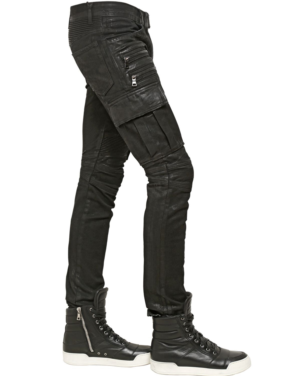 Balmain 165cm Coated Cotton Cargo Biker Jeans in Black for Men | Lyst