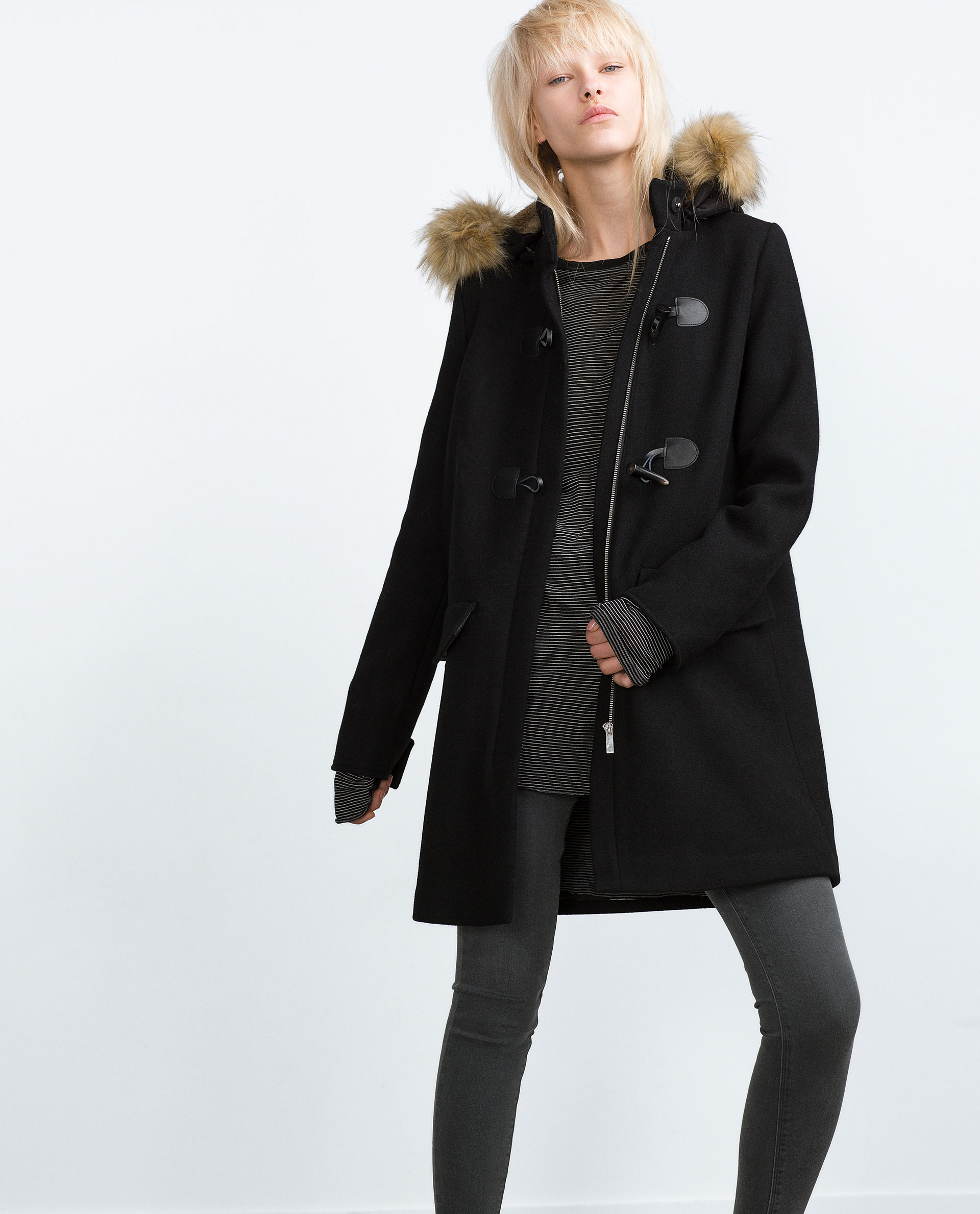 Black Duffle Coat With Fur Hood - Coat Nj