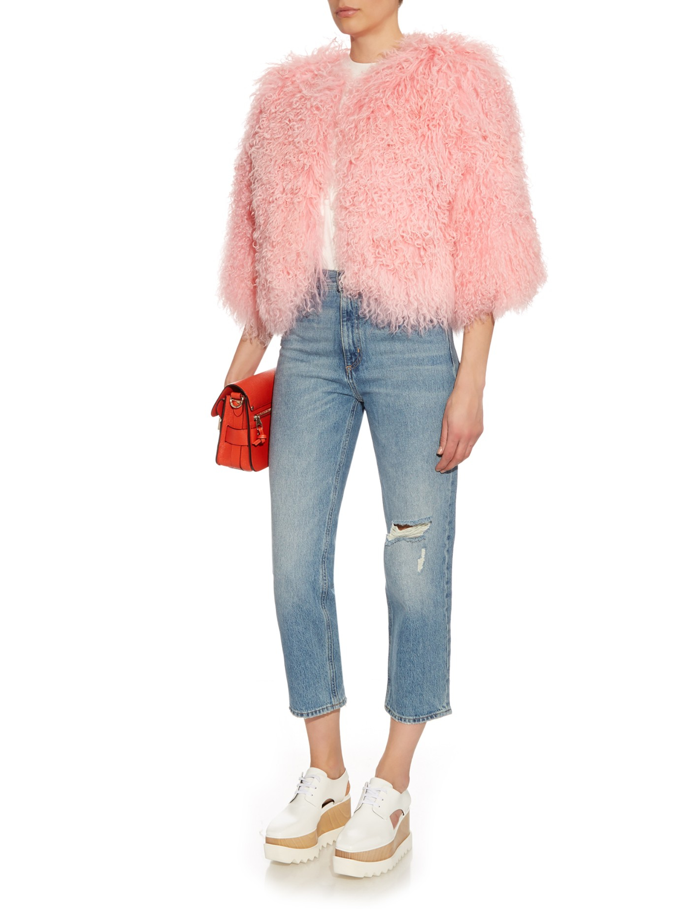 Charlotte Simone Denim Candyfloss Cropped Shearling Jacket in Pink 