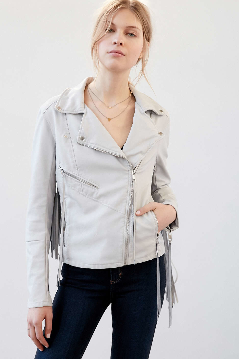 Blank Gray Vegan Leather Fringe Jacket