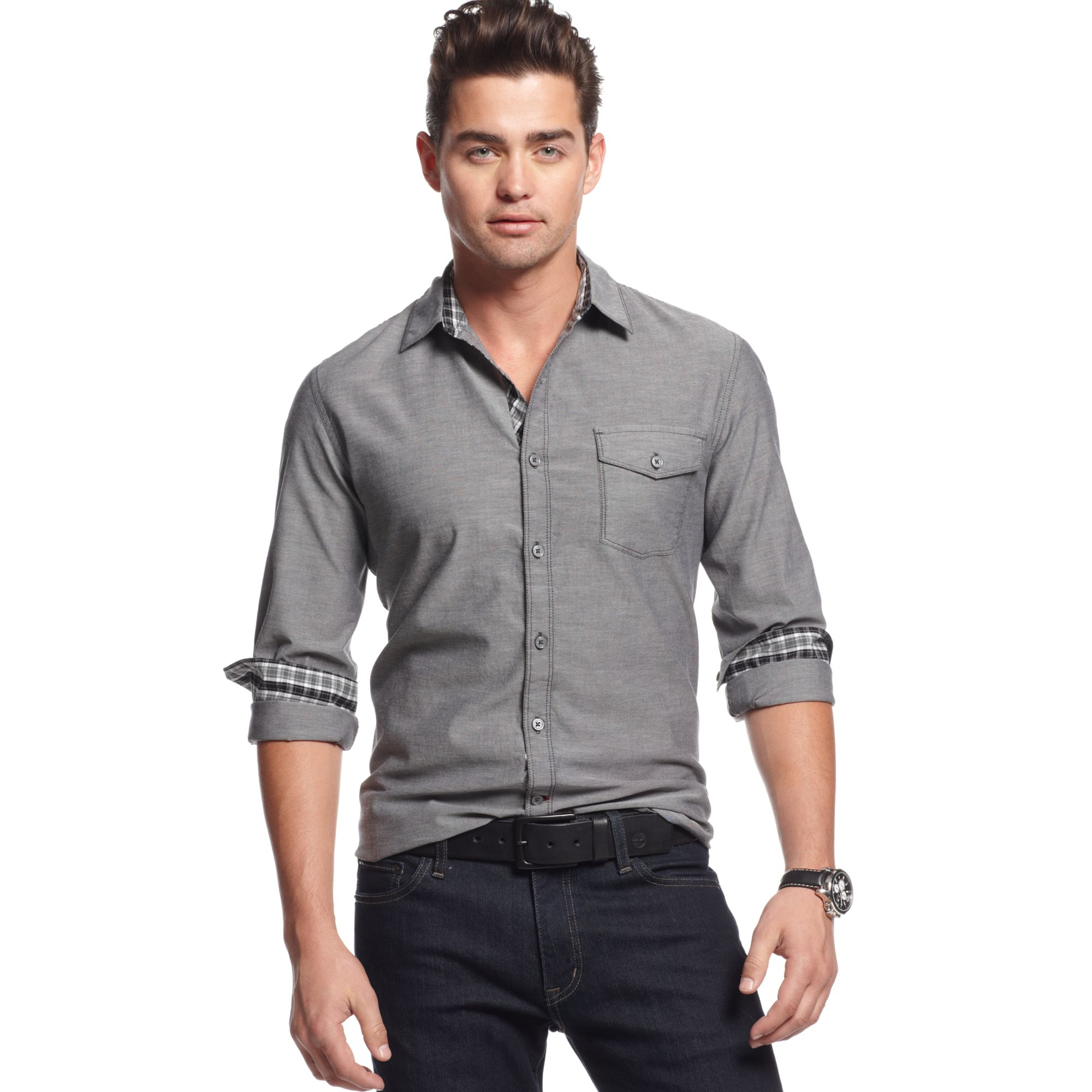 Lyst - Guess Logan Contrast Cuff Buttondown Shirt in Gray for Men