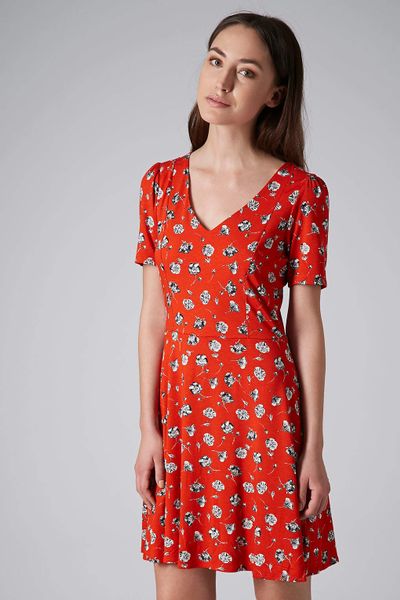 Topshop Tall Pansy Floral Dress in Red