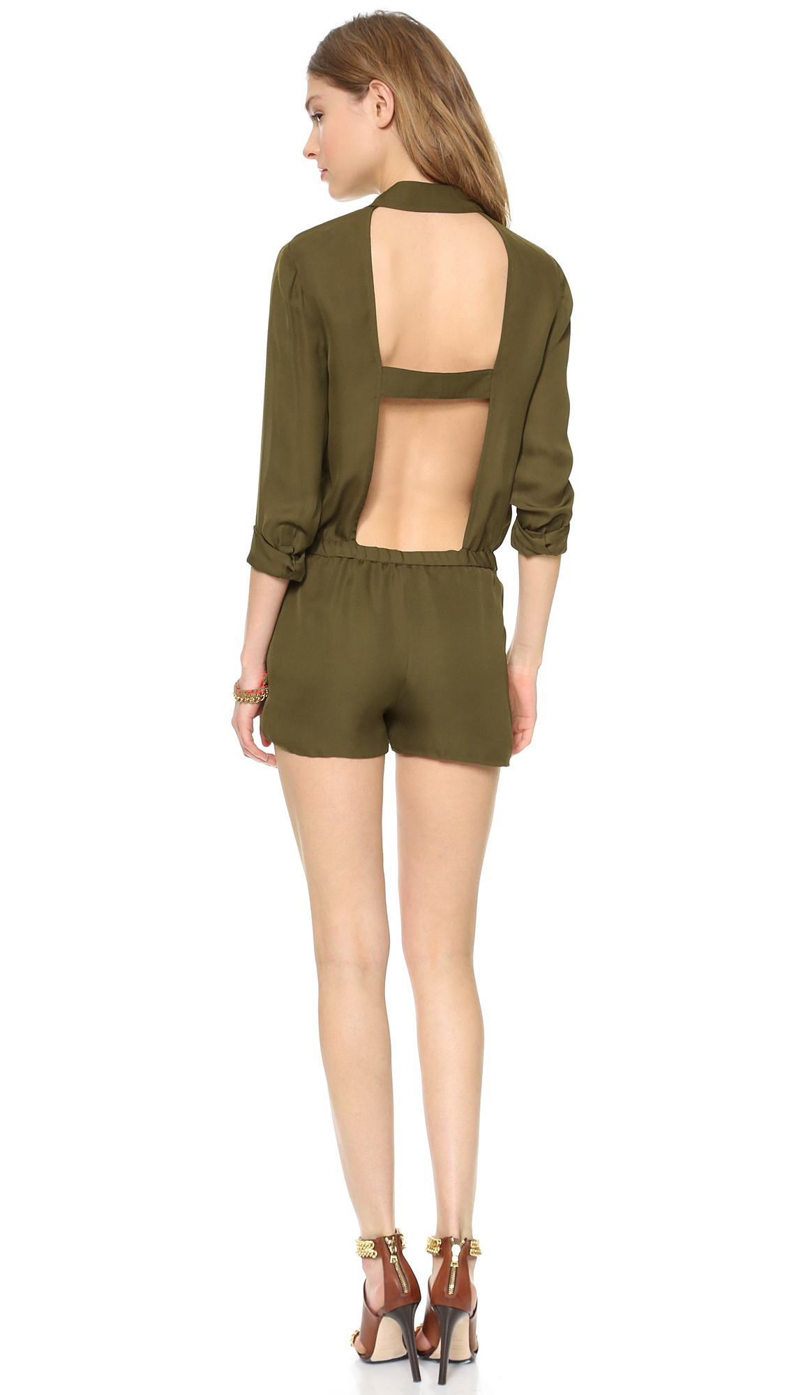 Haute Hippie Long Sleeve Open Back Romper Olive Bush in Green (Olive ...