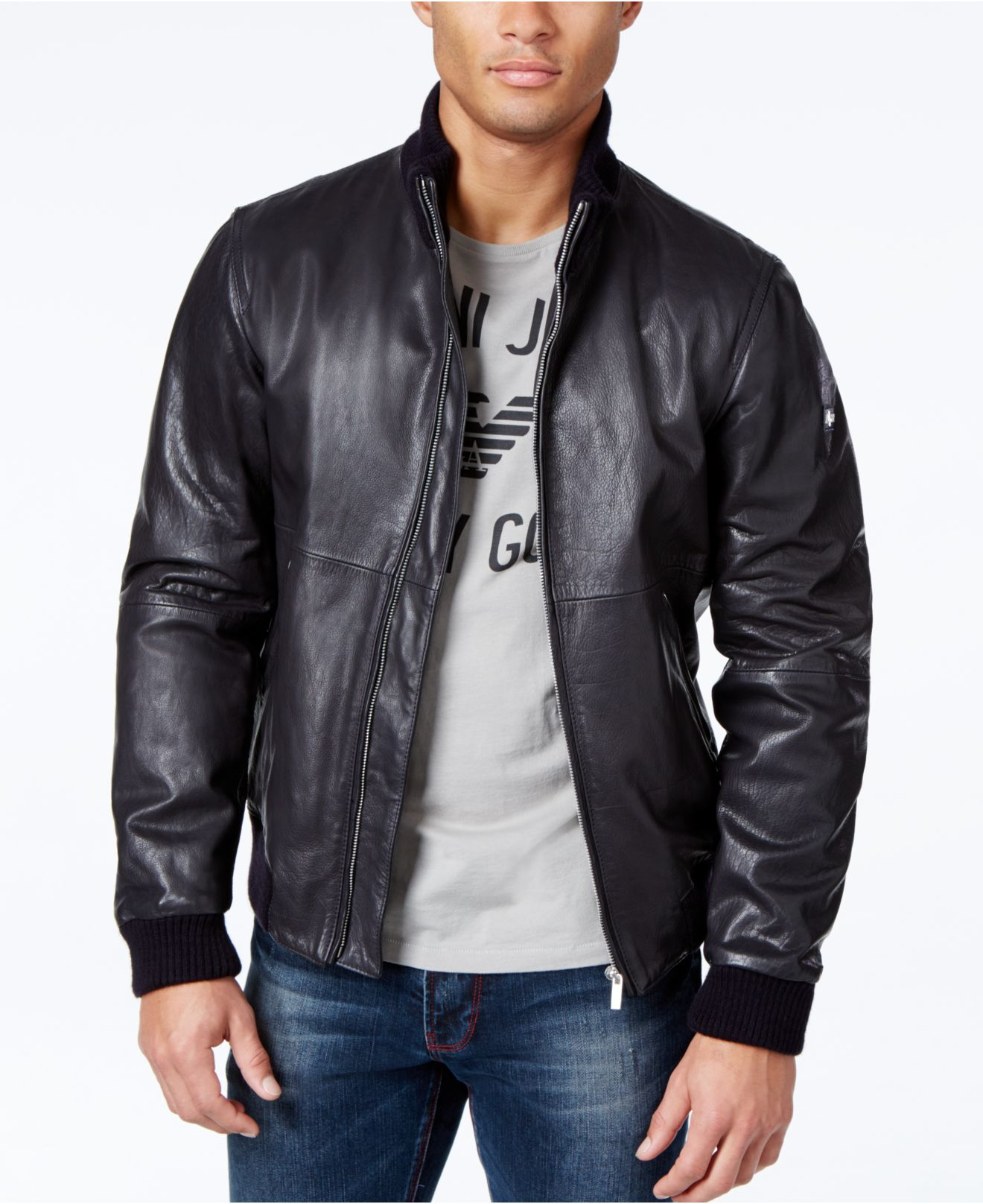 Armani Jeans Navy Leather Jacket - CLOANK