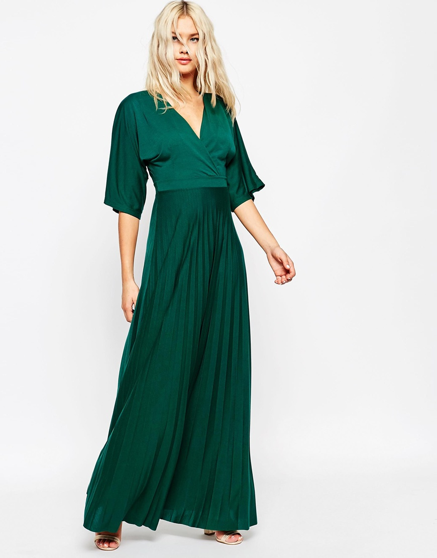 ASOS Synthetic Maxi Dress With Pleated Hem And Kimono Sleeve in Green | Lyst