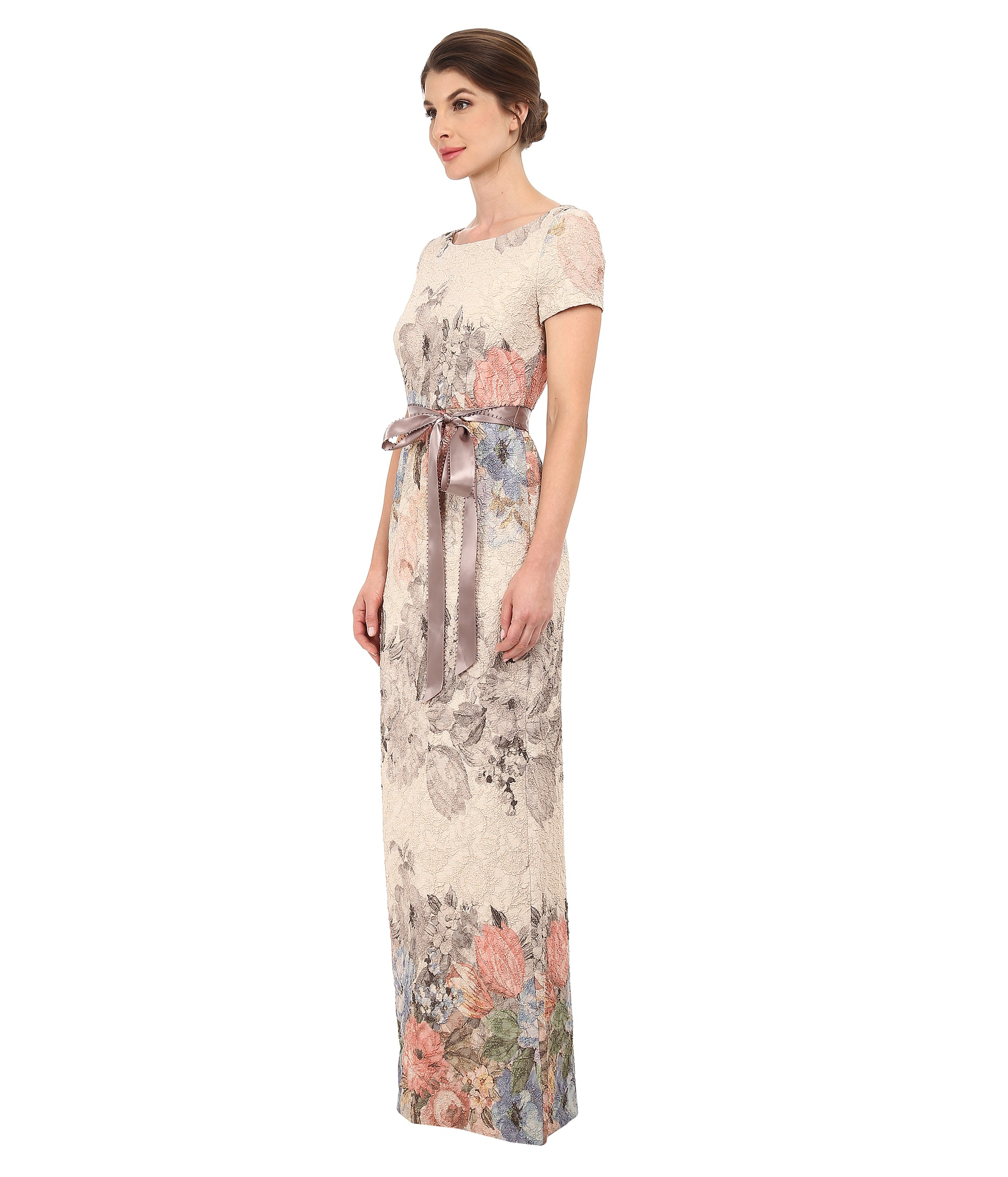 Adrianna Papell Synthetic Matelasse Printed Floral Column Gown W/ Picot Edge Ribbon in Pink - Lyst