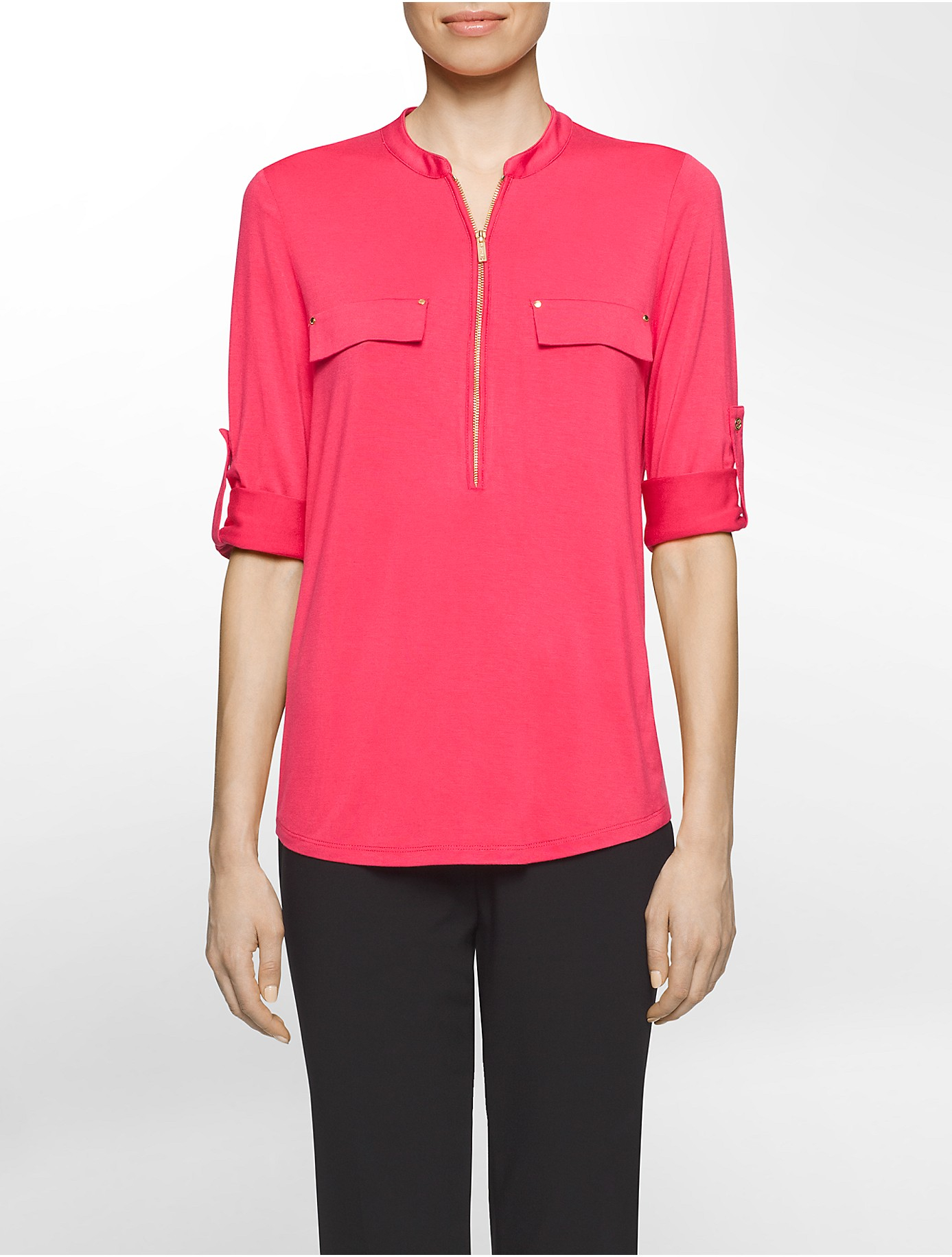 Calvin Klein Zip Roll-up 3/4 Sleeve Top in Pink | Lyst