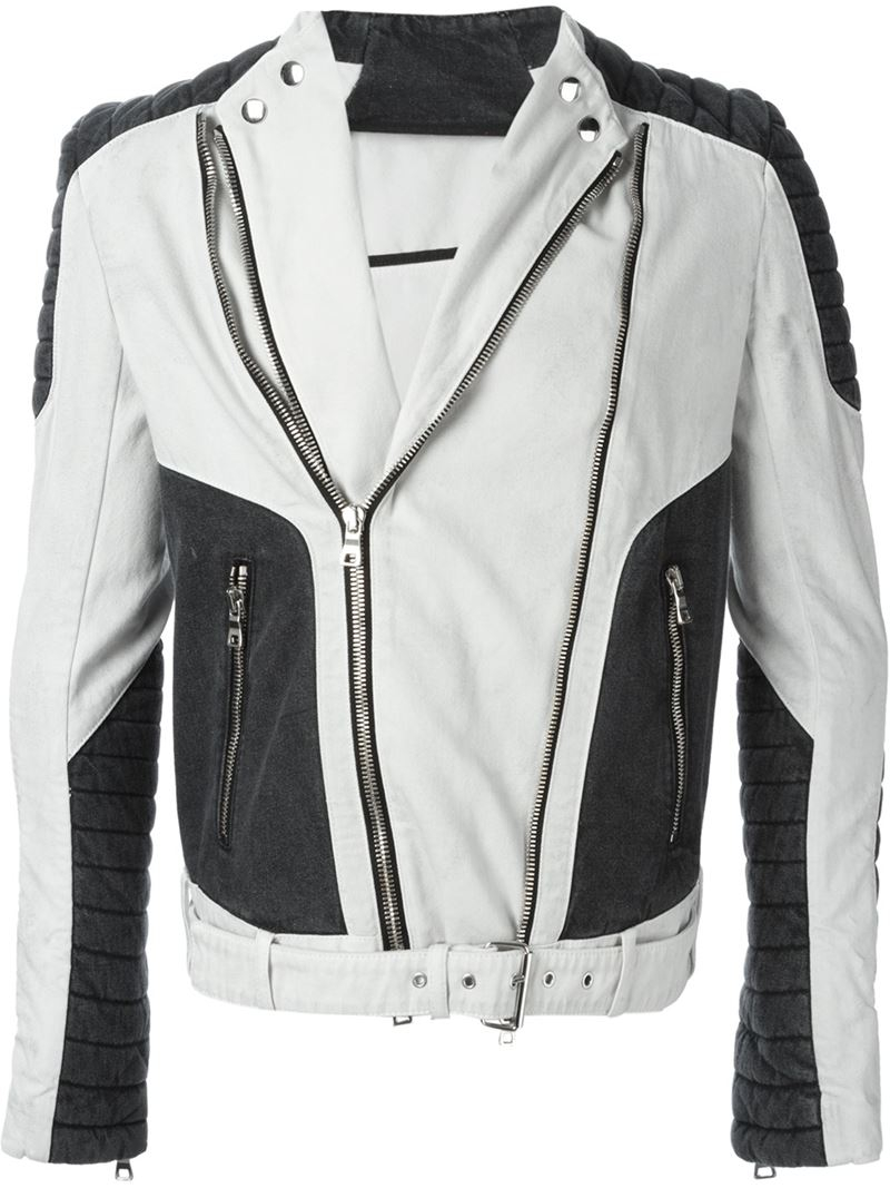 Balmain Contrast Panel Biker Jacket in White (Black) for Men | Lyst