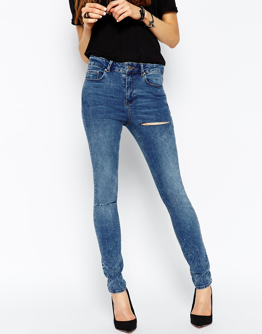 Lyst - Asos Ridley Skinny Jeans In Mae Blue With Thigh And Knee Rip in Blue