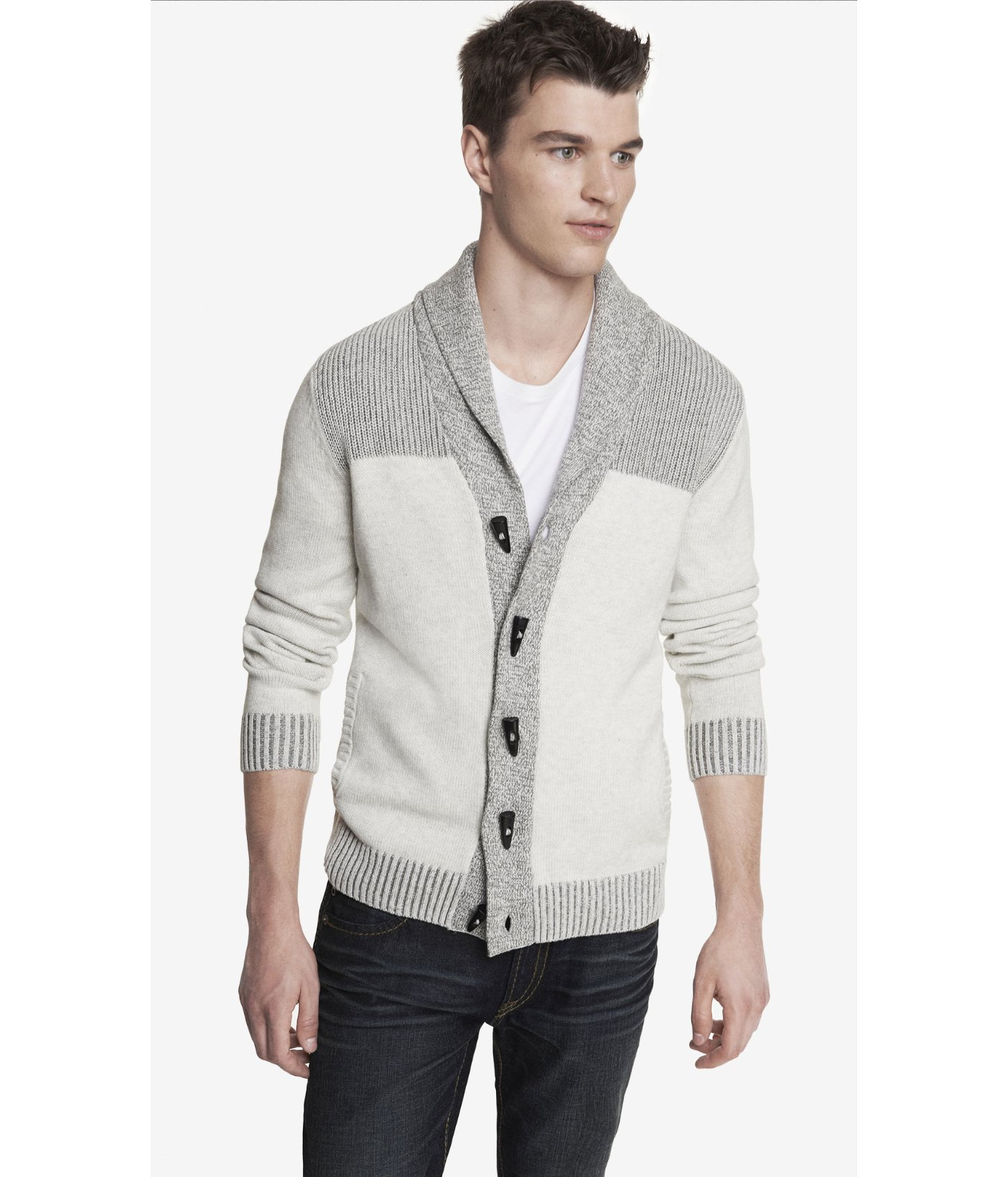 Express Marled Plaited Shawl Collar Cardigan in White for Express Marled Plaited Shawl Collar Cardigan in White for