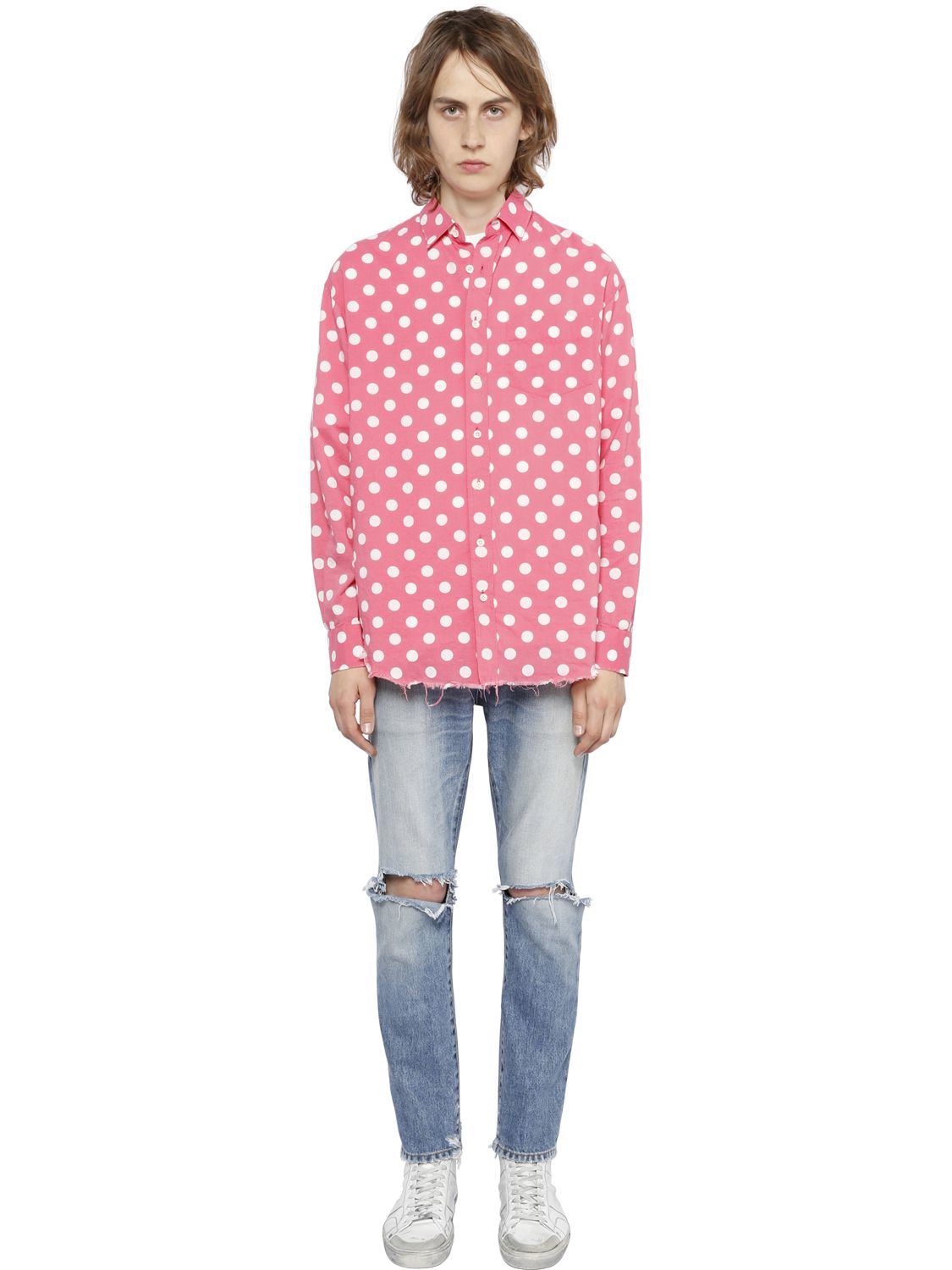 white shirt with pink polka dots