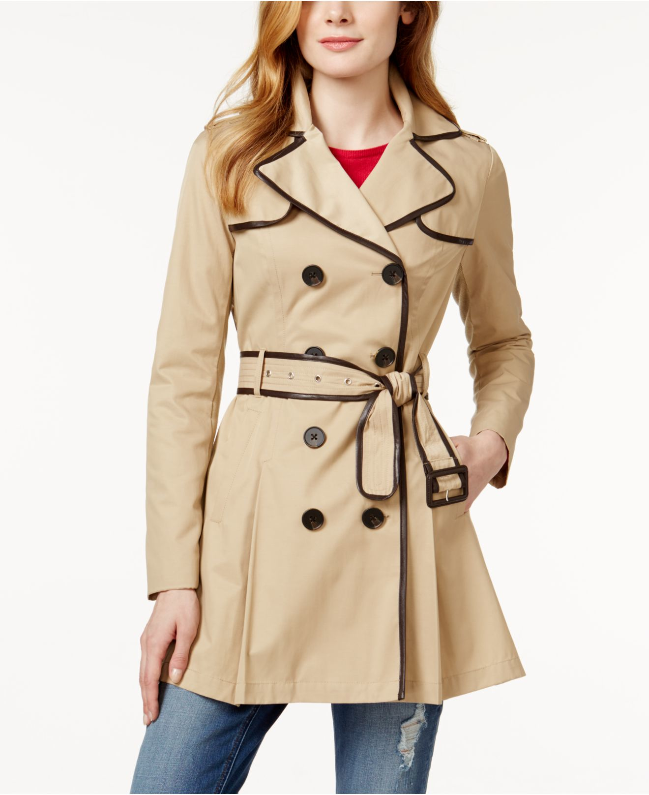 BCBGeneration Faux-leather-trim Skirted Trench Coat in Khaki (Natural) -  Lyst
