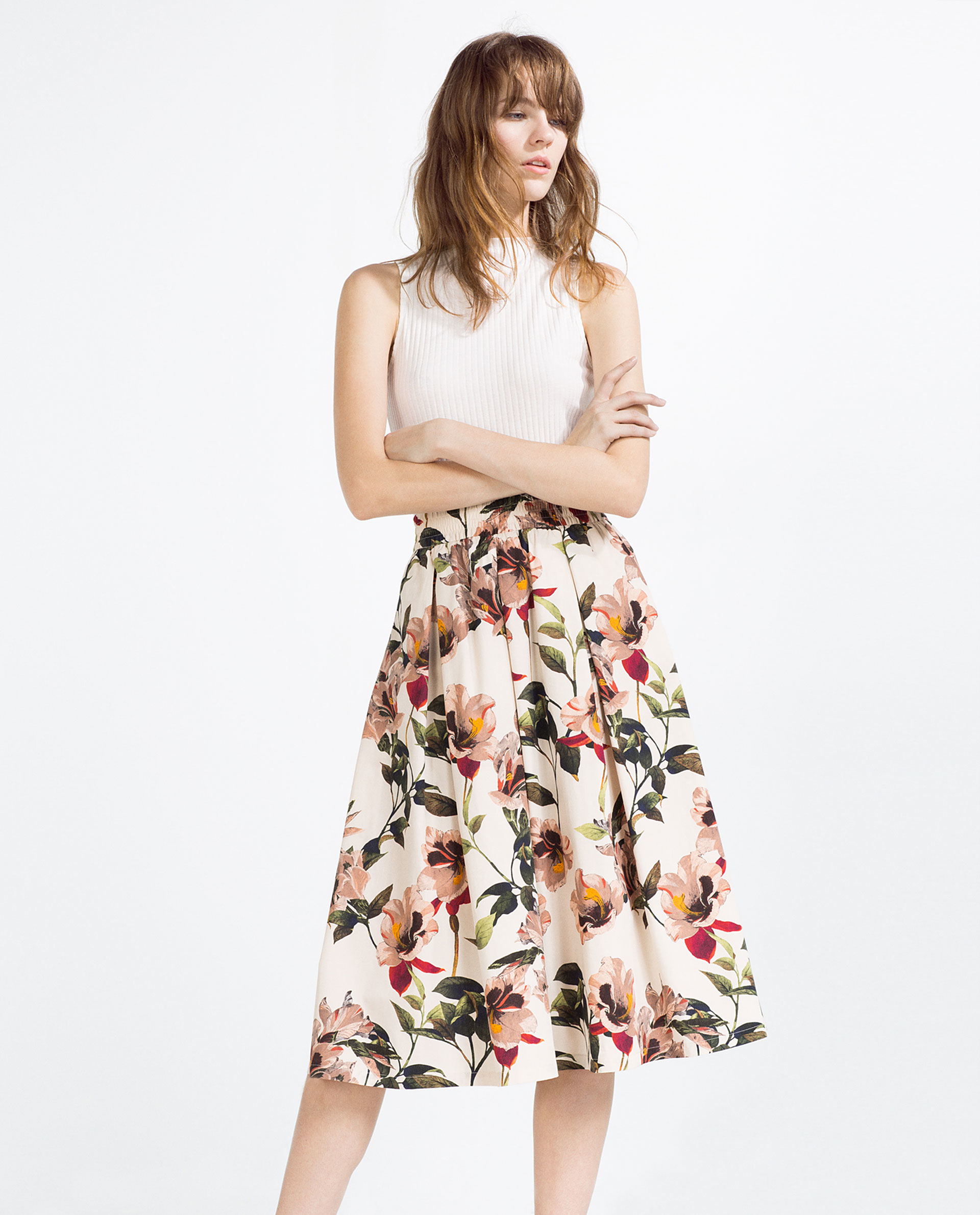Zara Floral Print Midi Skirt in Natural | Lyst