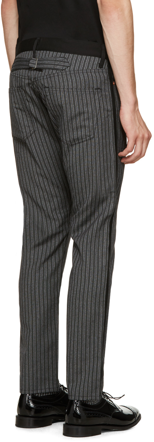 gray and black striped pants