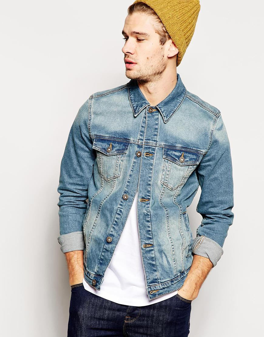 Asos Denim Jacket In Mid Wash With Rips in Blue for Men | Lyst