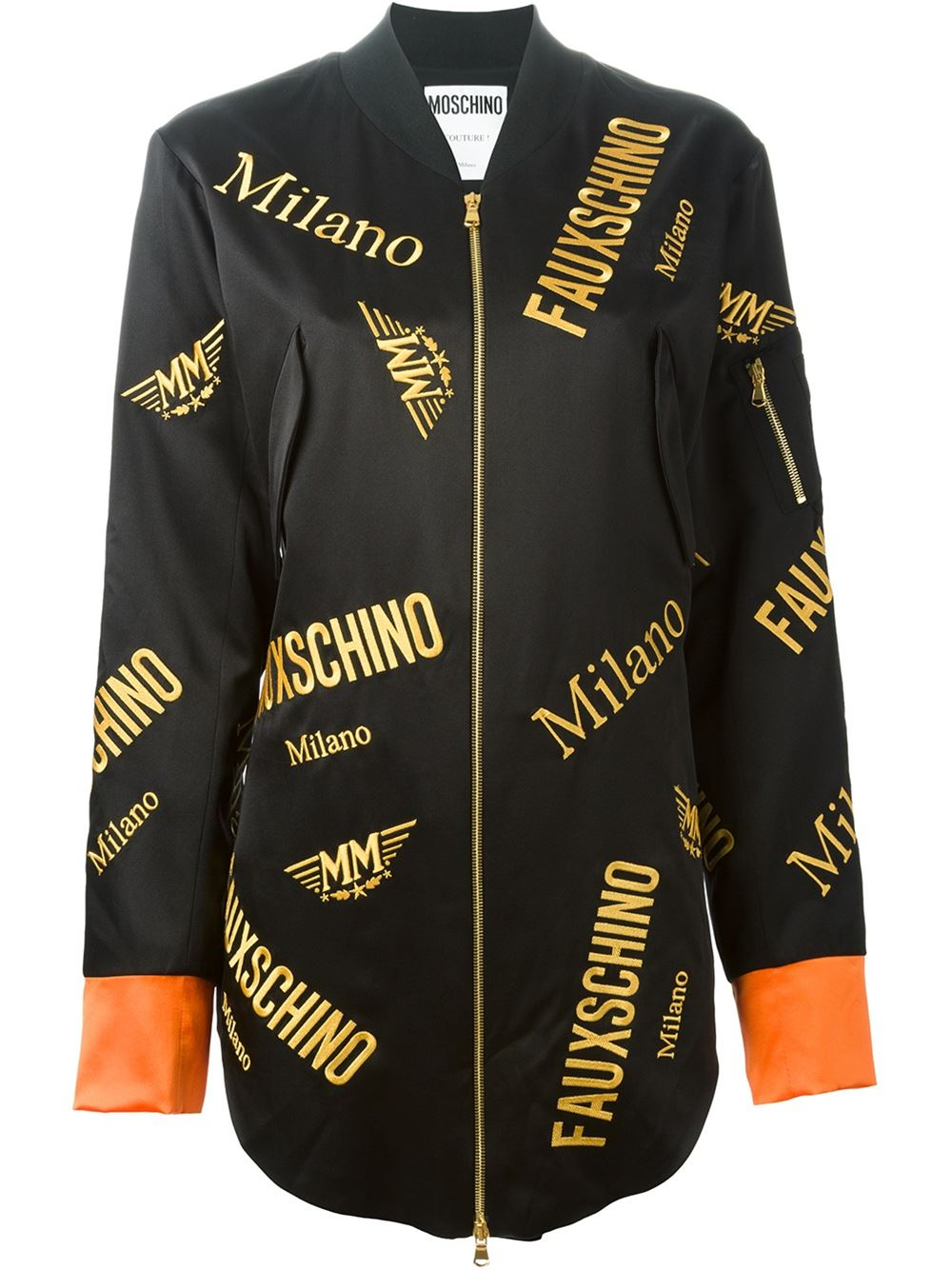 Moschino Silk Embroidered Logo Long Bomber Jacket in Black - Lyst