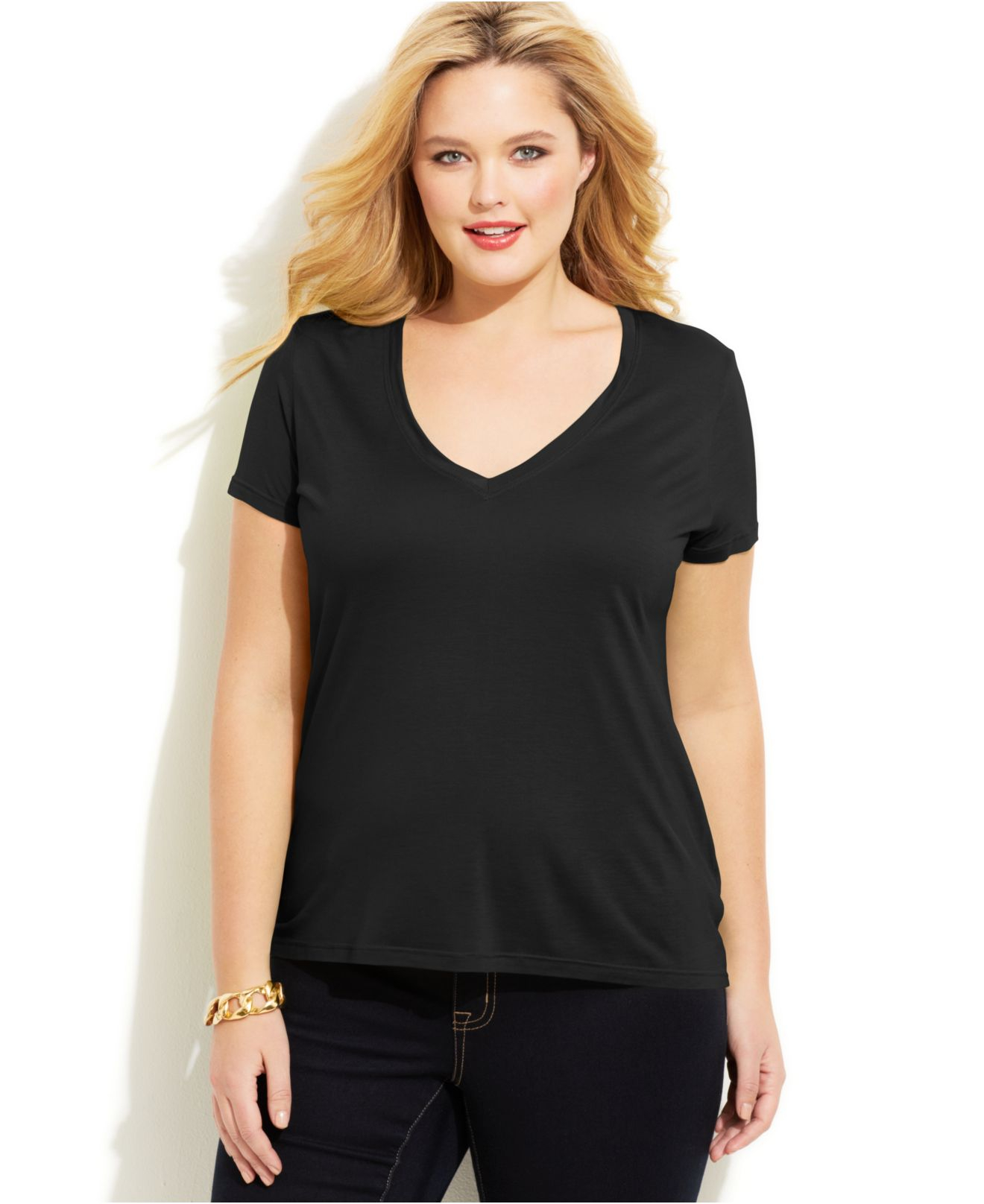Michael kors Michael Plus Size V-Neck High-Low Tee in Black | Lyst