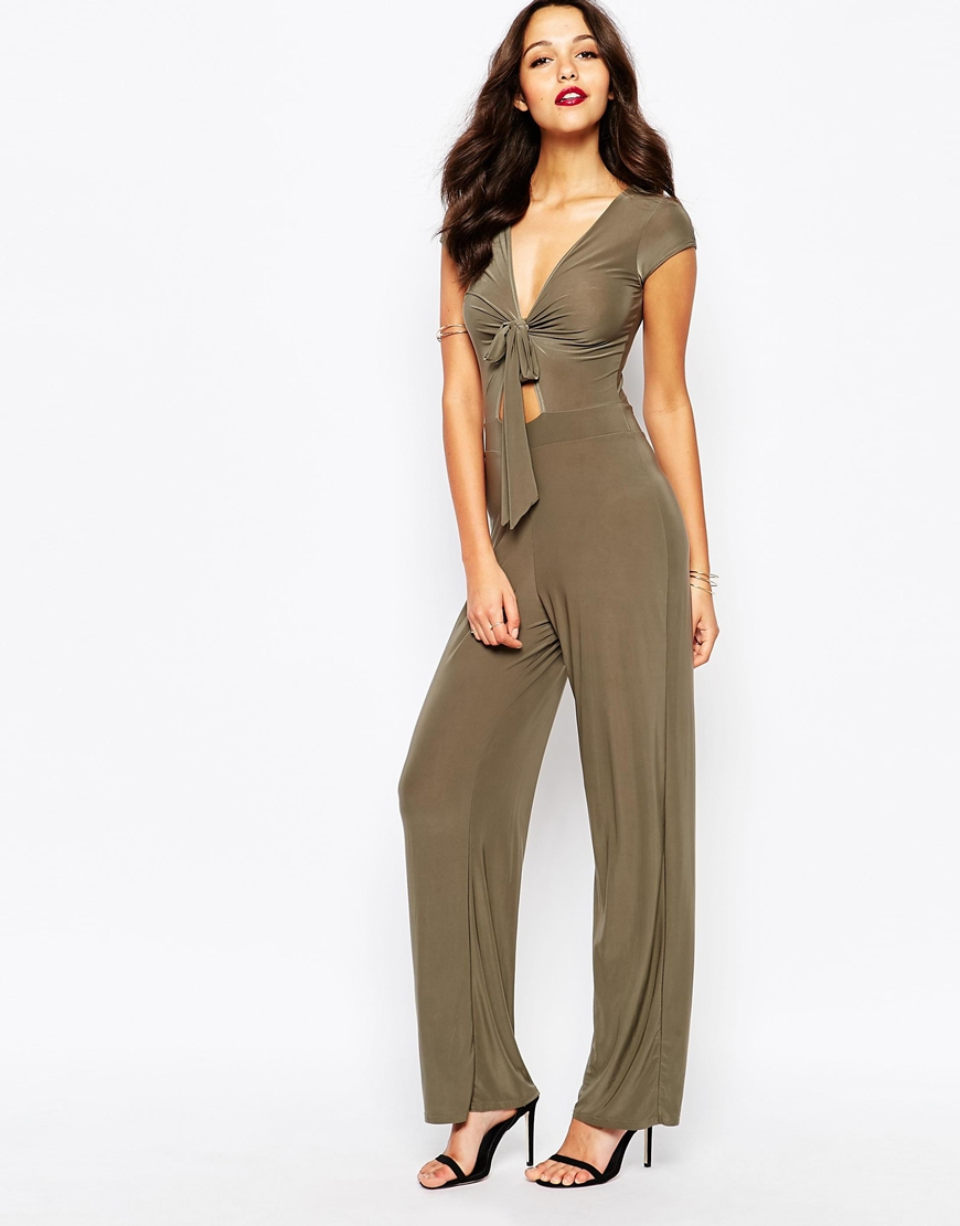 Boohoo Slinky Tie Front Cut Out Jumpsuit in Natural - Lyst