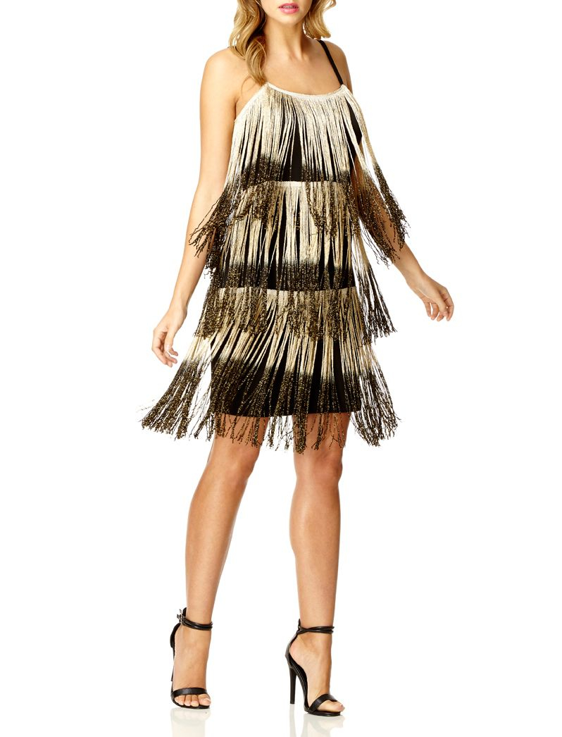Quiz Black And Gold Fringe Dress in Black Lyst
