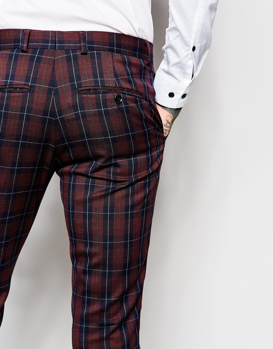 SELECTED Exclusive Tartan Suit Trouser In Skinny Fit in Burgundy ...