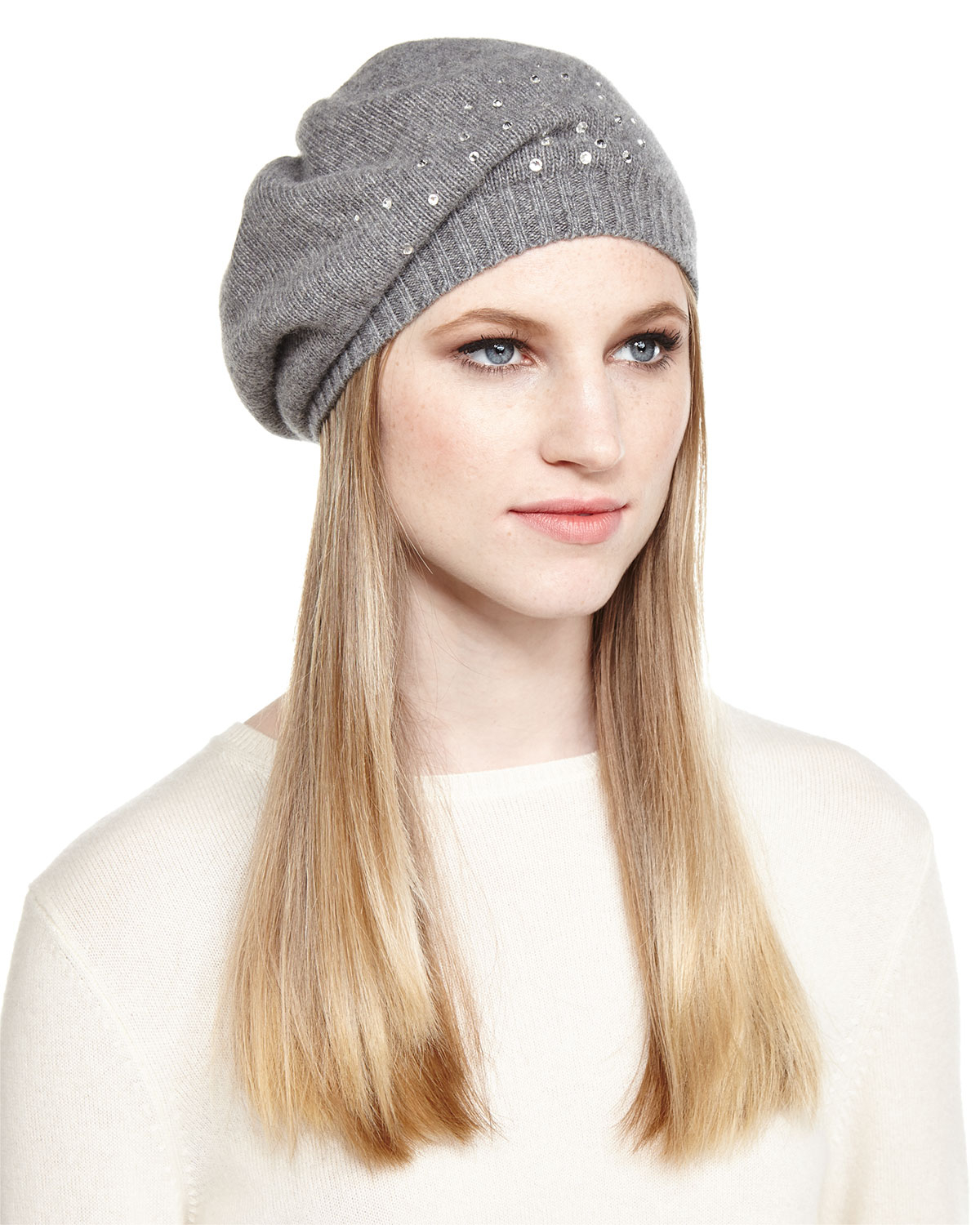 Portolano Crystalstudded Cashmere Beret in Gray Lyst
